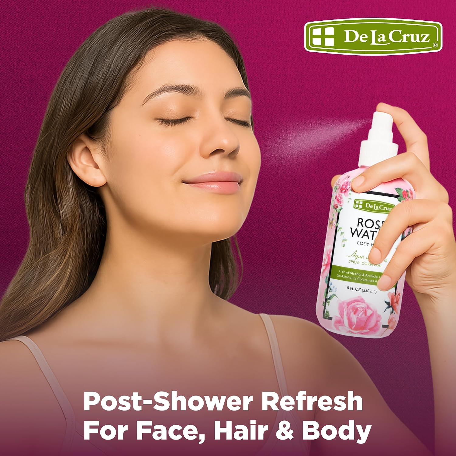 De La Cruz Rose Water Body & Hair Mist, 8 fl. oz Spray (236 mL) | Rose Water Spray, With Rose Flower Extract, Face, Hair & Body Mist, Home Mist, Alcohol Free, Refreshing & Soothing