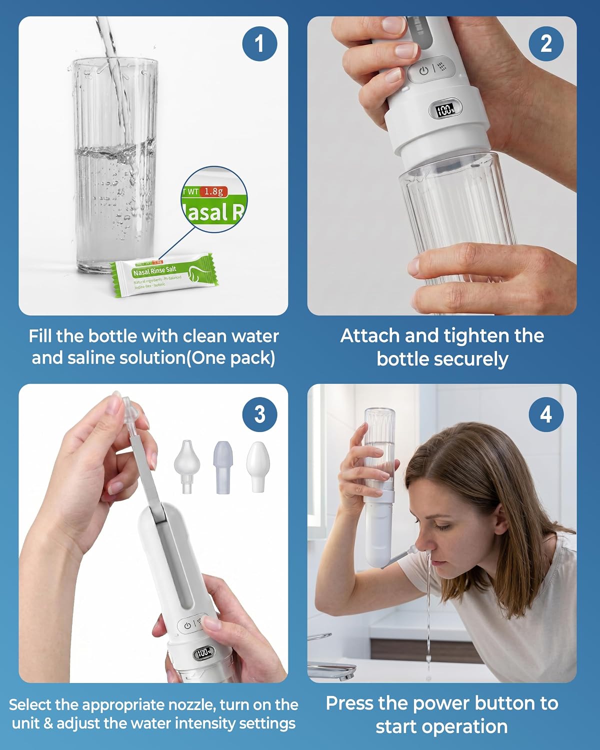 Nasal Irrigation System, Neti Pot Sinus Rinse Bottle 190ML, 3 Pressure Modes Led Display, 180° Adjustable, 1600mAh Nose Cleaner for Sinus Relief