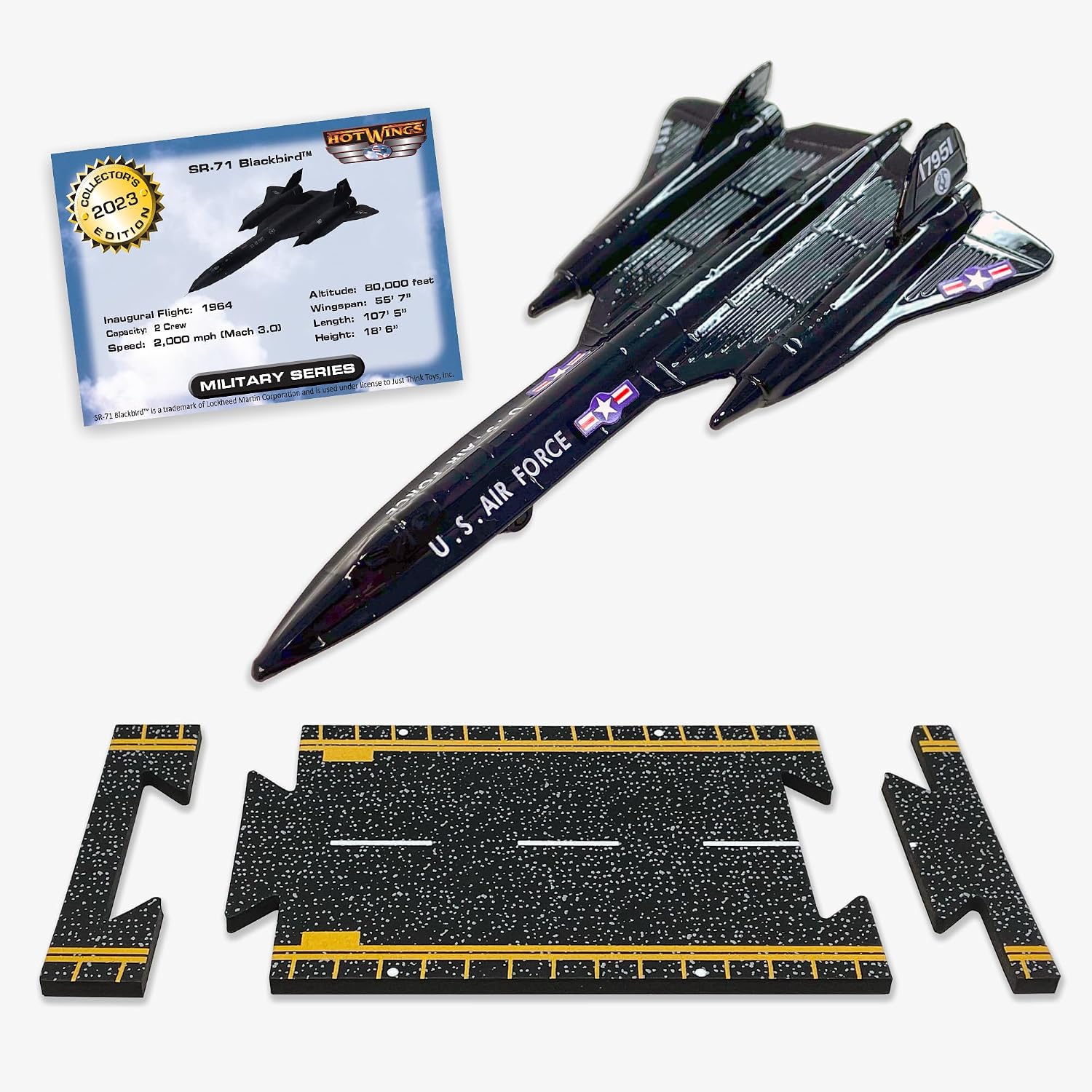 Hot Wings Planes SR-71 Blackbird (Without Drone) with Connectible Runway Die Cast Plane in Aviation Museums Nationwide, Black