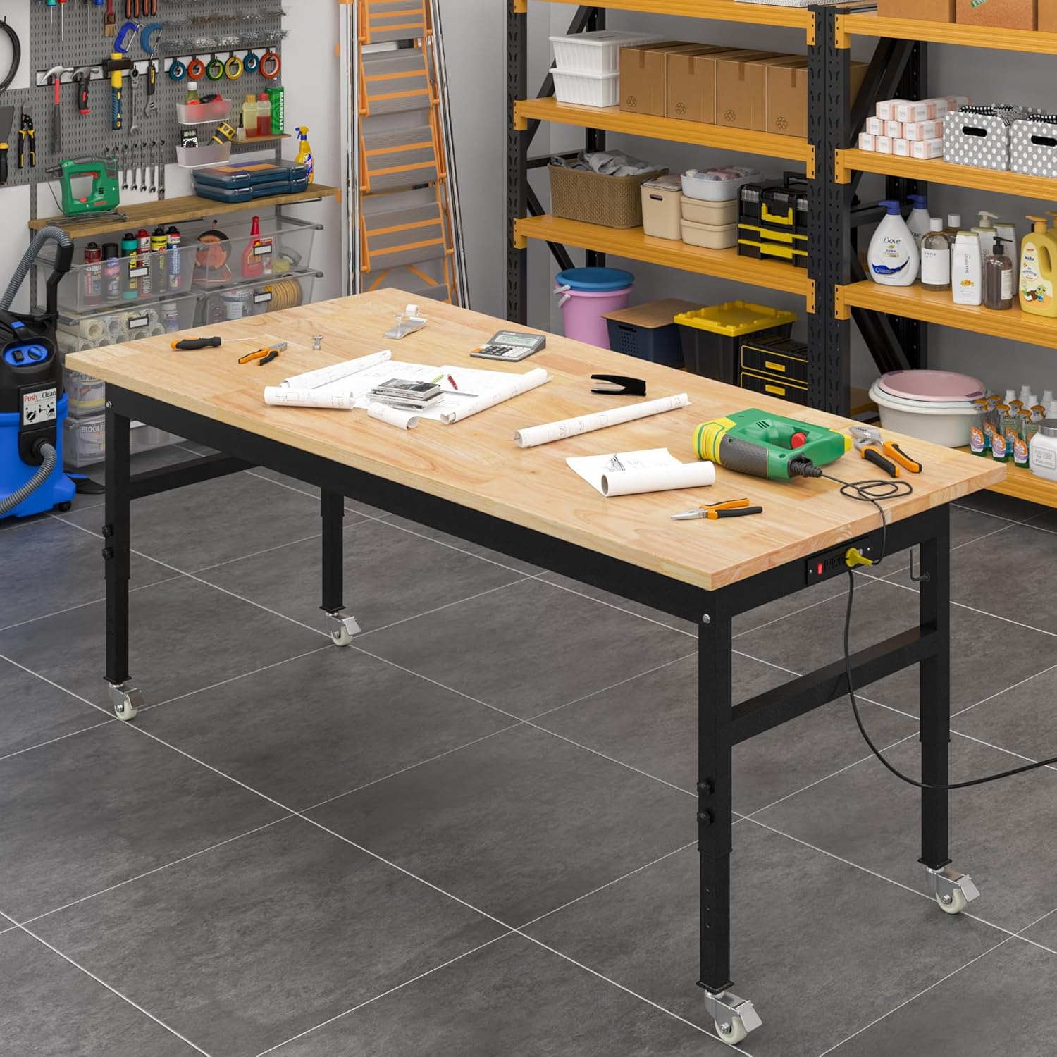 60" Adjustable Work Bench, Rubber Wood Top Workbench | Heavy-Duty Work Table with Power Outlet and Wheels