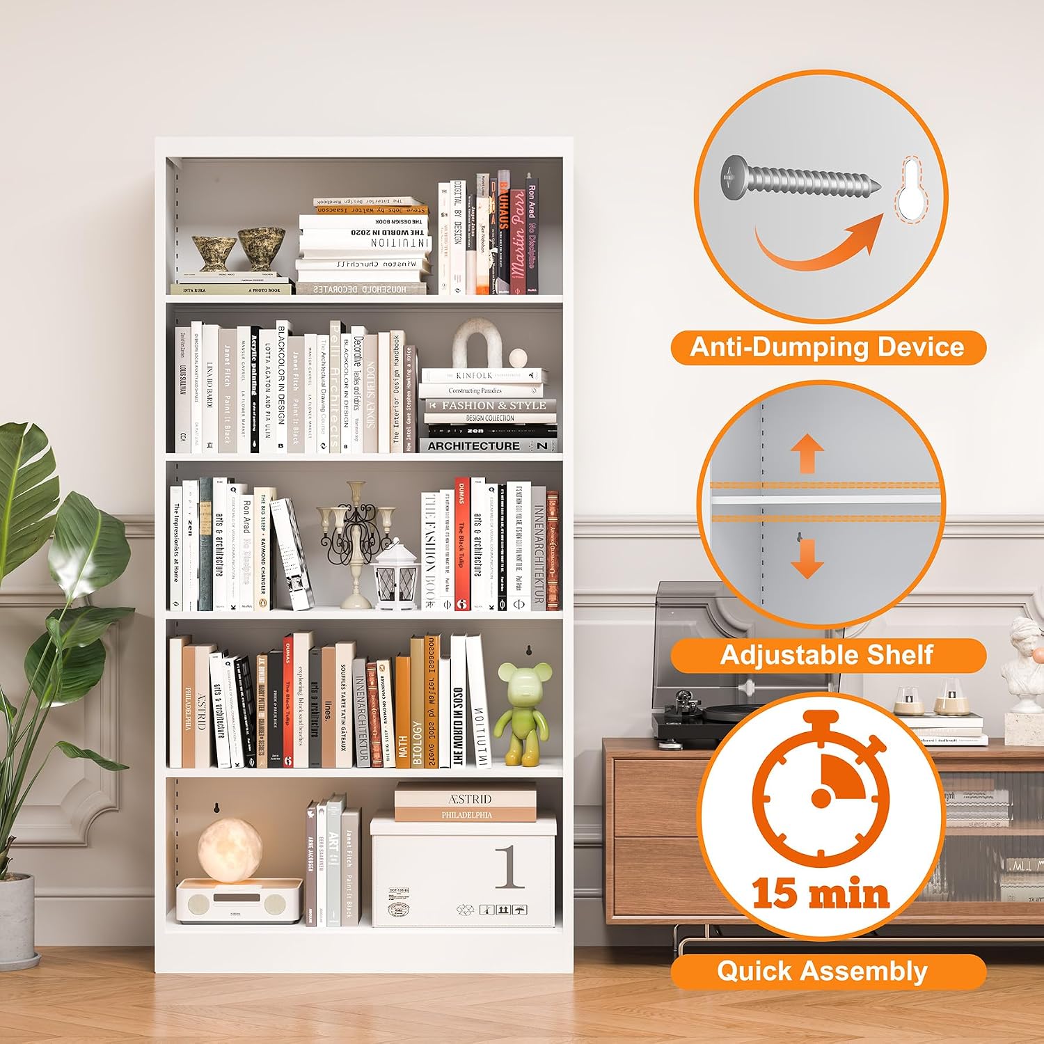 Bookcase,5 Tier White Bookshelves,66" Tall Free Standing Metal Bookcase with Adjustable Storage Shelves, Industrial Wide Bookshelf for Bedroom Living Room Home Office School