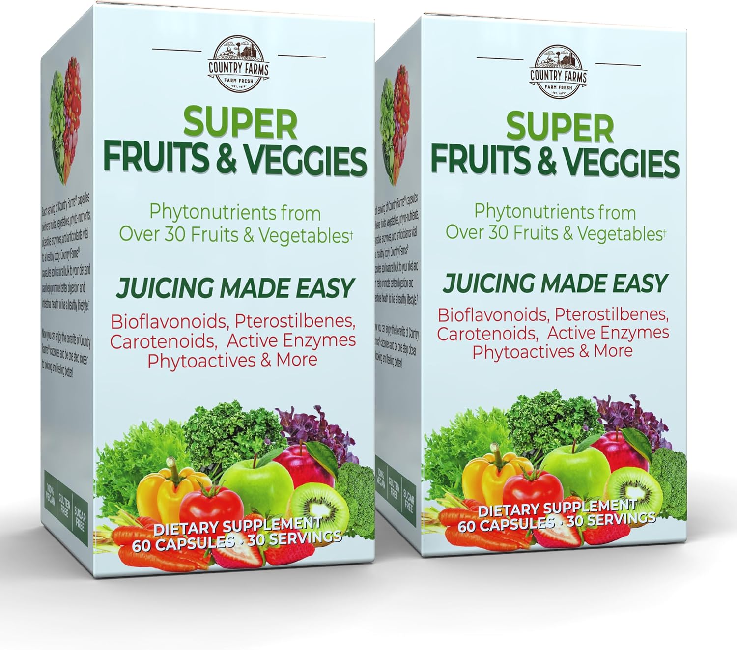 Country Farms Super Fruits and Veggies Capsules, Whole Food Supplement, Powerful Antioxidant, Supports Energy, Immune Health, Boosts Digestive Health, 30 Super Foods, 30 Servings