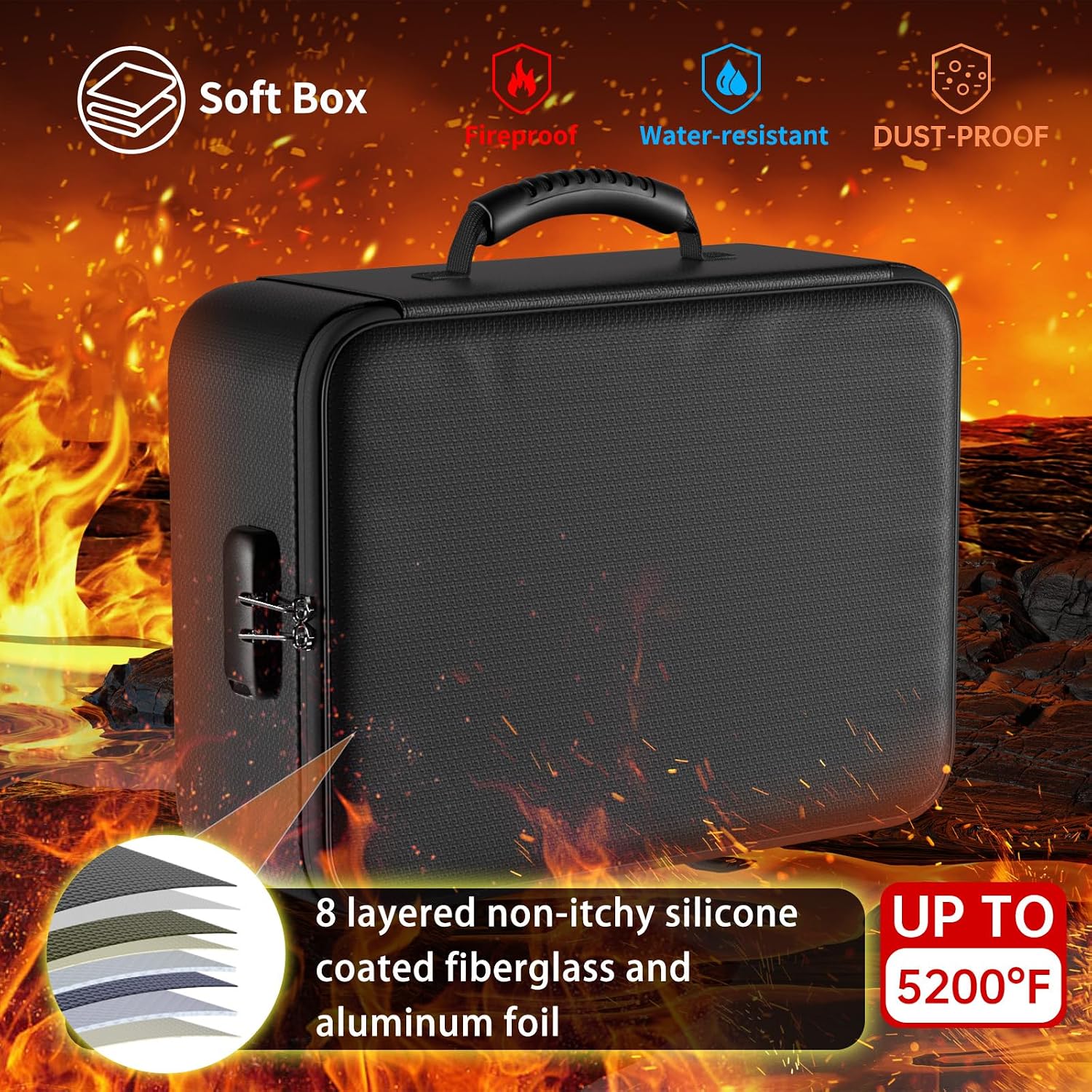 DocSafe Document Bag with Lock, Fireproof 3-Layer File Storage Box, Black