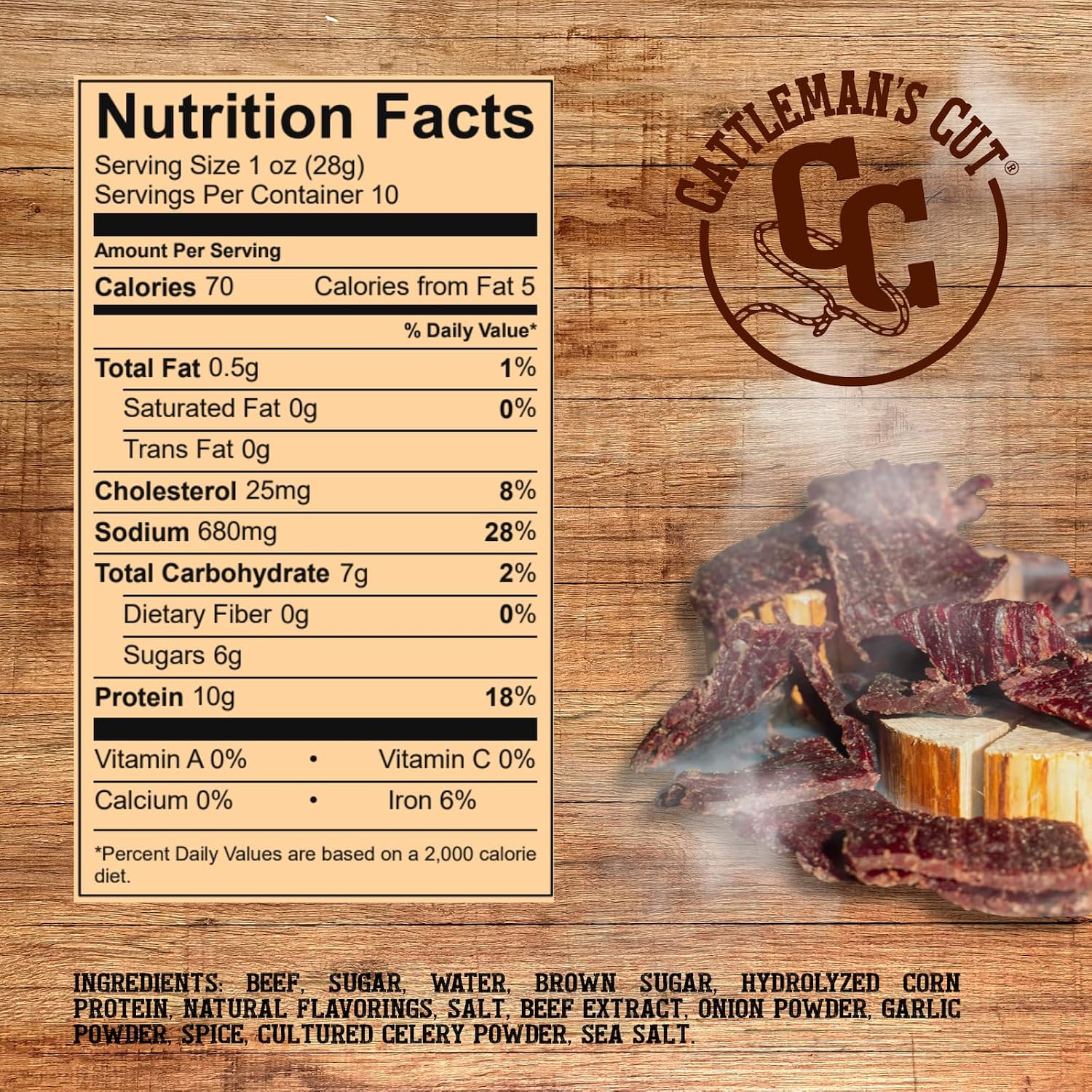 Cattleman's Cut Original Beef Jerky, Premium Marinated Steak High Protein Meat Snacks, Keto Friendly, Gluten Free, Carnivore Travel Snack, Resealable Bag, 10 Ounces