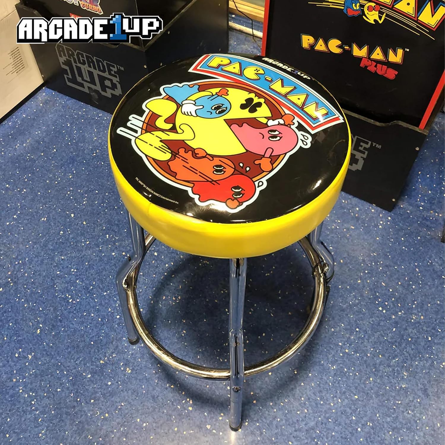 Arcade1Up Adjustable Padded Arcade Game Stool, Steel Frame, Pac-Man, 21.5" to 29.5"- with Leg Extenders, Padded Seat, and Chrome Steel Finish for Home