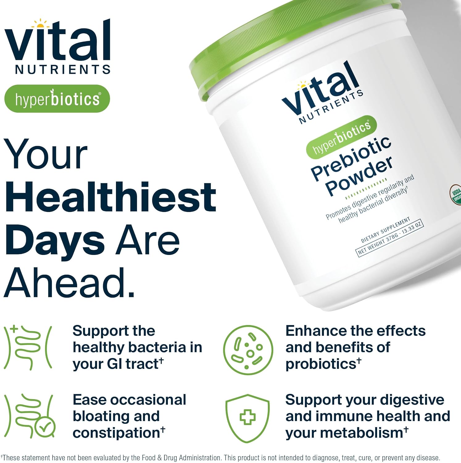 Hyperbiotics Vital Nutrients Organic Prebiotic Fiber Powder | Supports Gut Health and Digestive Regularity | Soluble Fiber Supplement for Women and