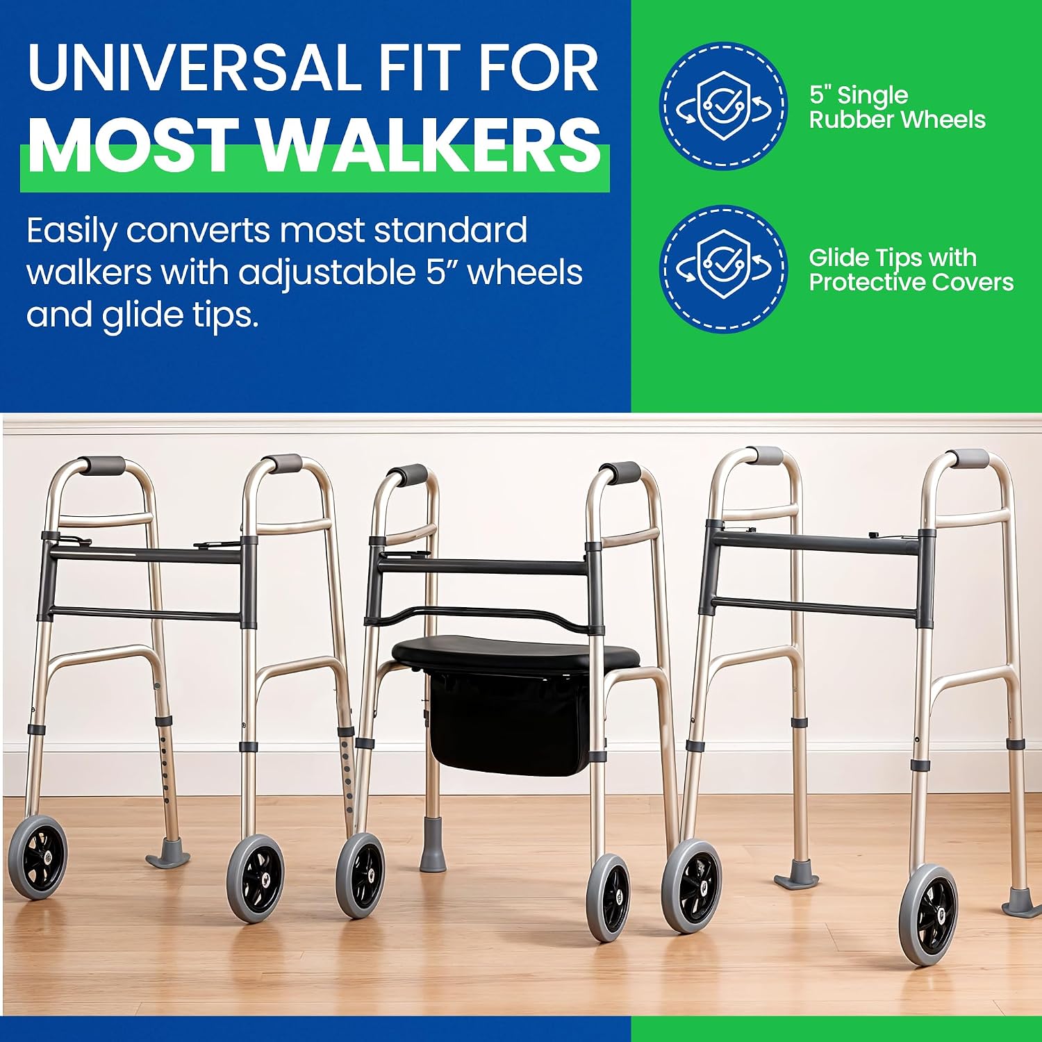 5 Inch Walker Wheels & Glides by Healthline, Fits Most Walkers, Universal Replacement Parts