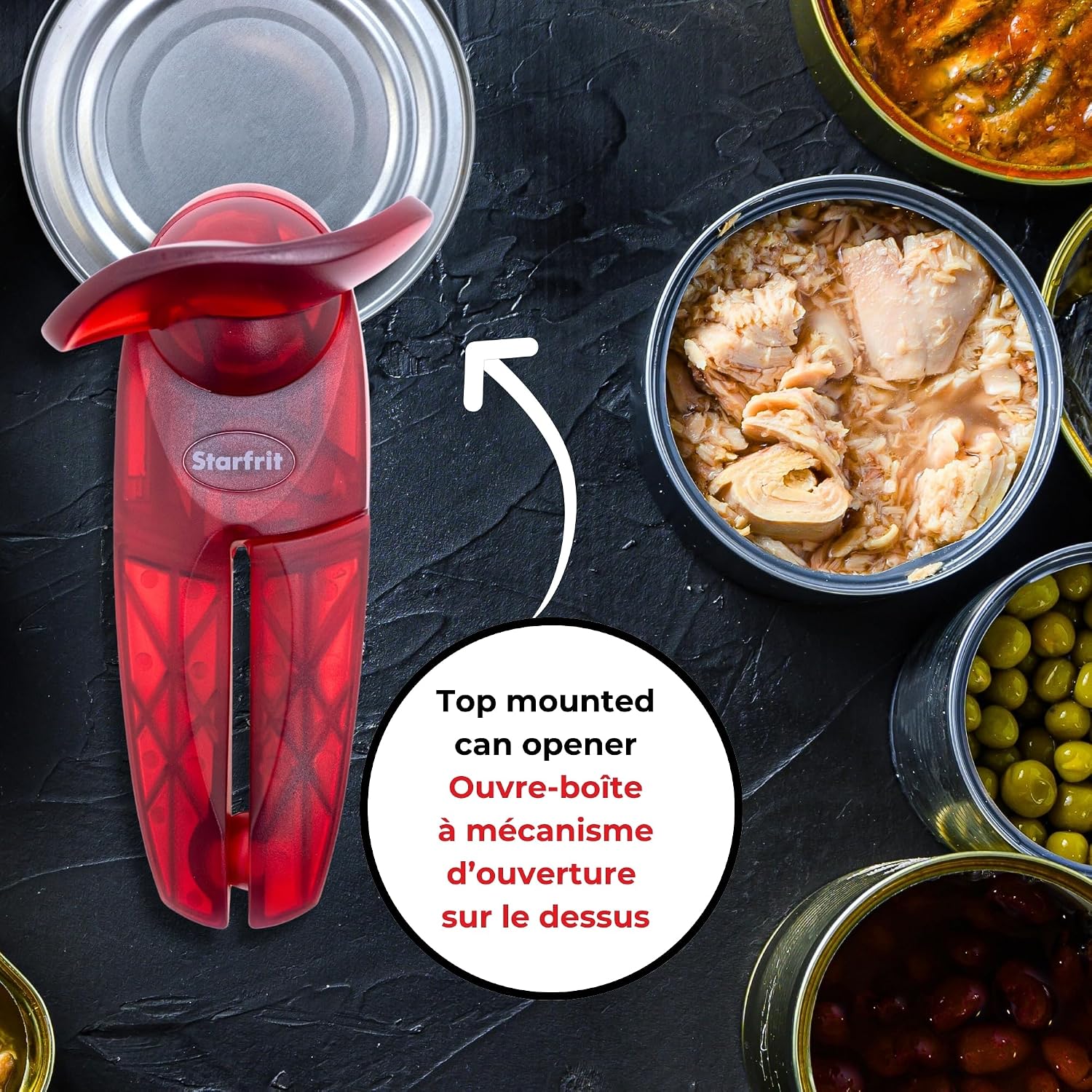 Starfrit Little Beaver Can Opener, Safe, Holds Lid and Leaves No Sharp Edges on Lid, Comfort Grip, 3-Year Warranty, White
