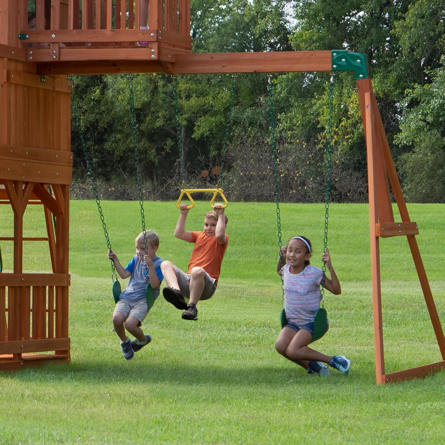 Backyard Discovery Skyfort II Cedar Wood Swing Set with Wave Slide, Raised Clubhouse, Crow's Nest, Monkey Bars, Balcony, Belt Swings, Trapeze