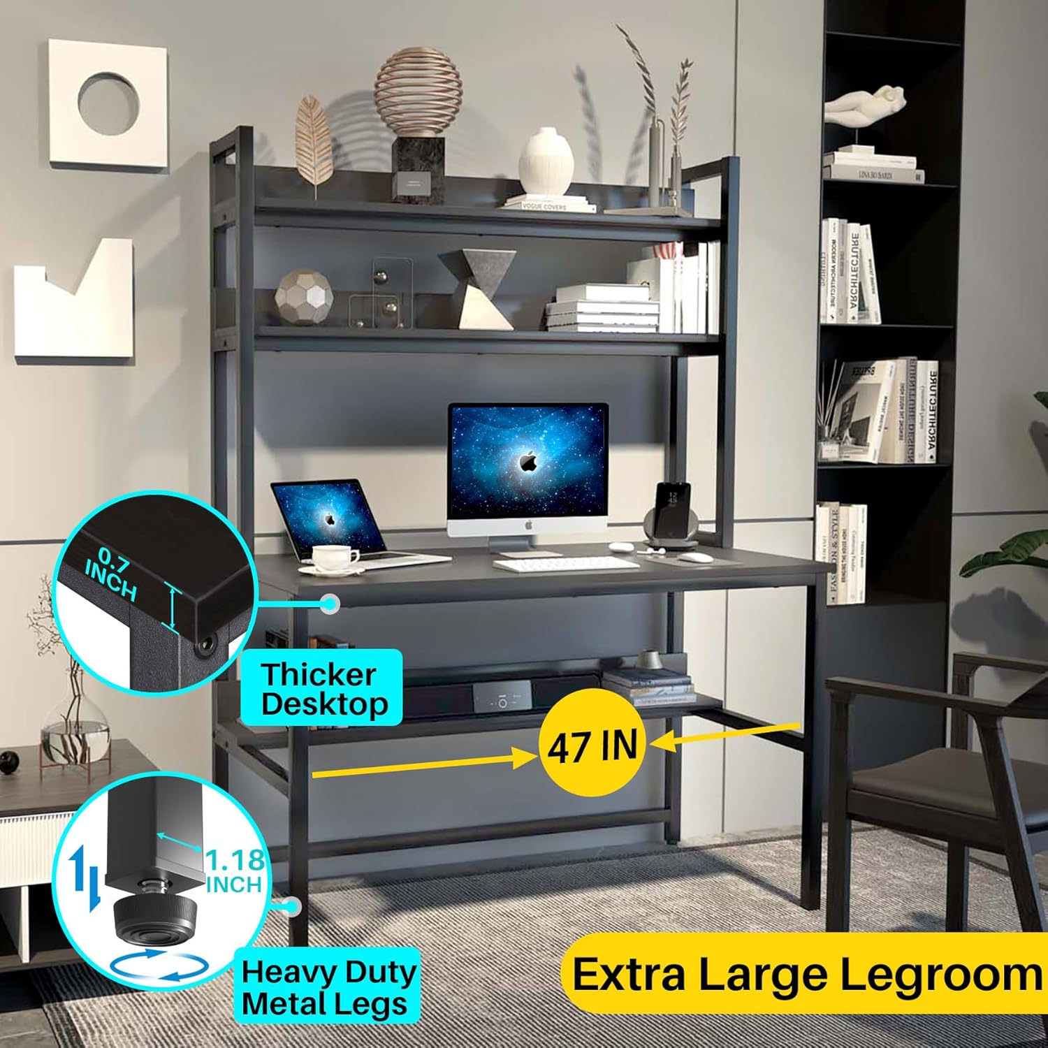 Aquzee Computer Desk with Shelves, 47" W x 23.6" D Gaming Desk with Hutch and Bookshelf