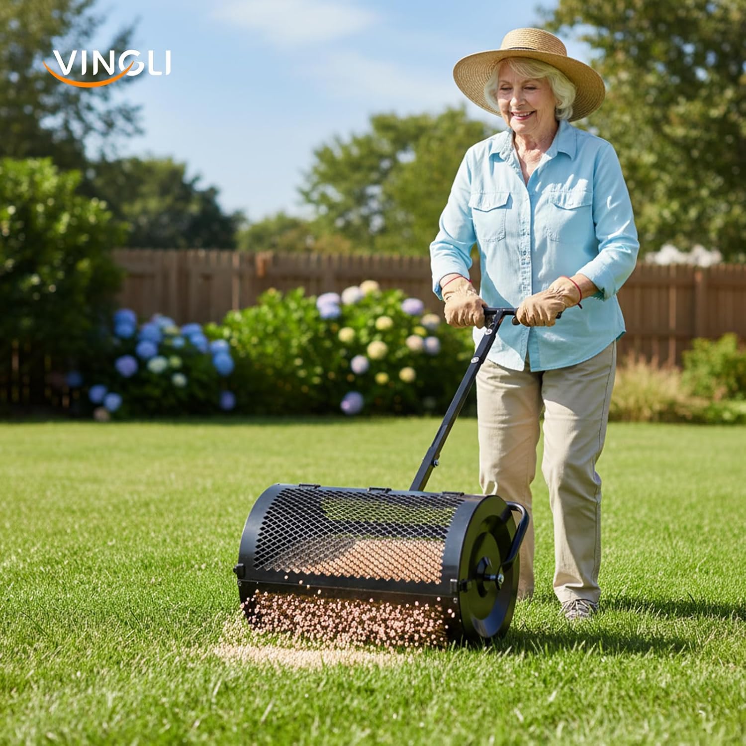 VINGLI Compost Spreader, 24 inch Peat Moss Spreader with Height Adjustable Handle, T Shaped Handle Peat Moss Roller, Seed Spreader for Lawn Backyard Outdoor (24"-Black & Yellow)