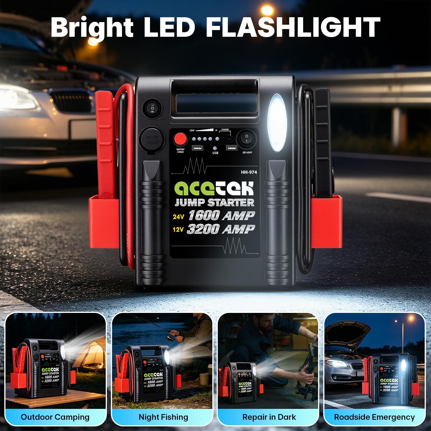 24V / 12V Jump Starter, acetek 1600/3200 Peak Amp Battery Jump Starter for Truck Car Tractor Excavator