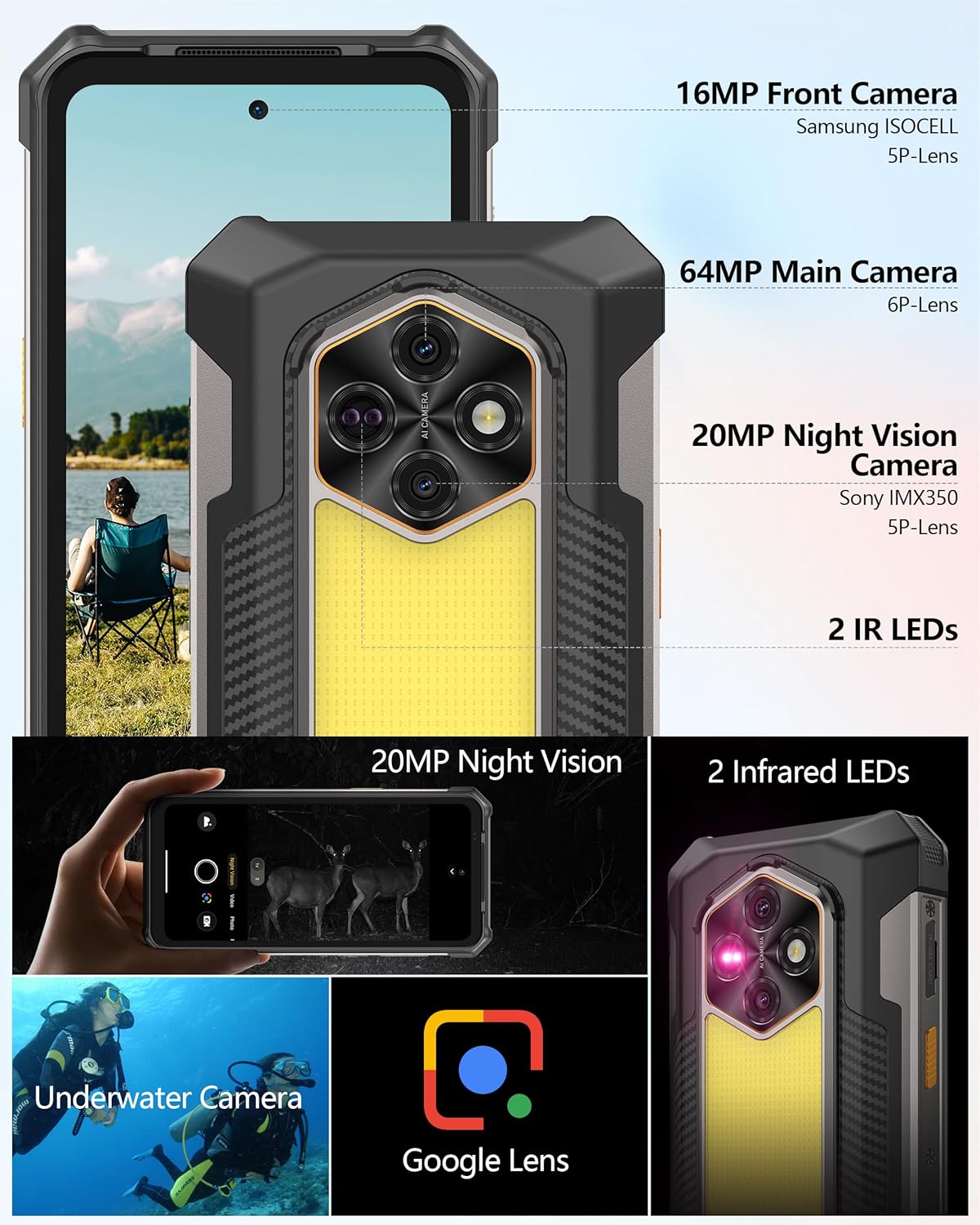 Ulefone RugKing 5 Pro Rugged Smartphone Android 16, 20000mAh(33W), 16GB(8+8)+256GB, 64MP+20MP Night Vision, 6.78" FHD+ Corning Gorilla Glass