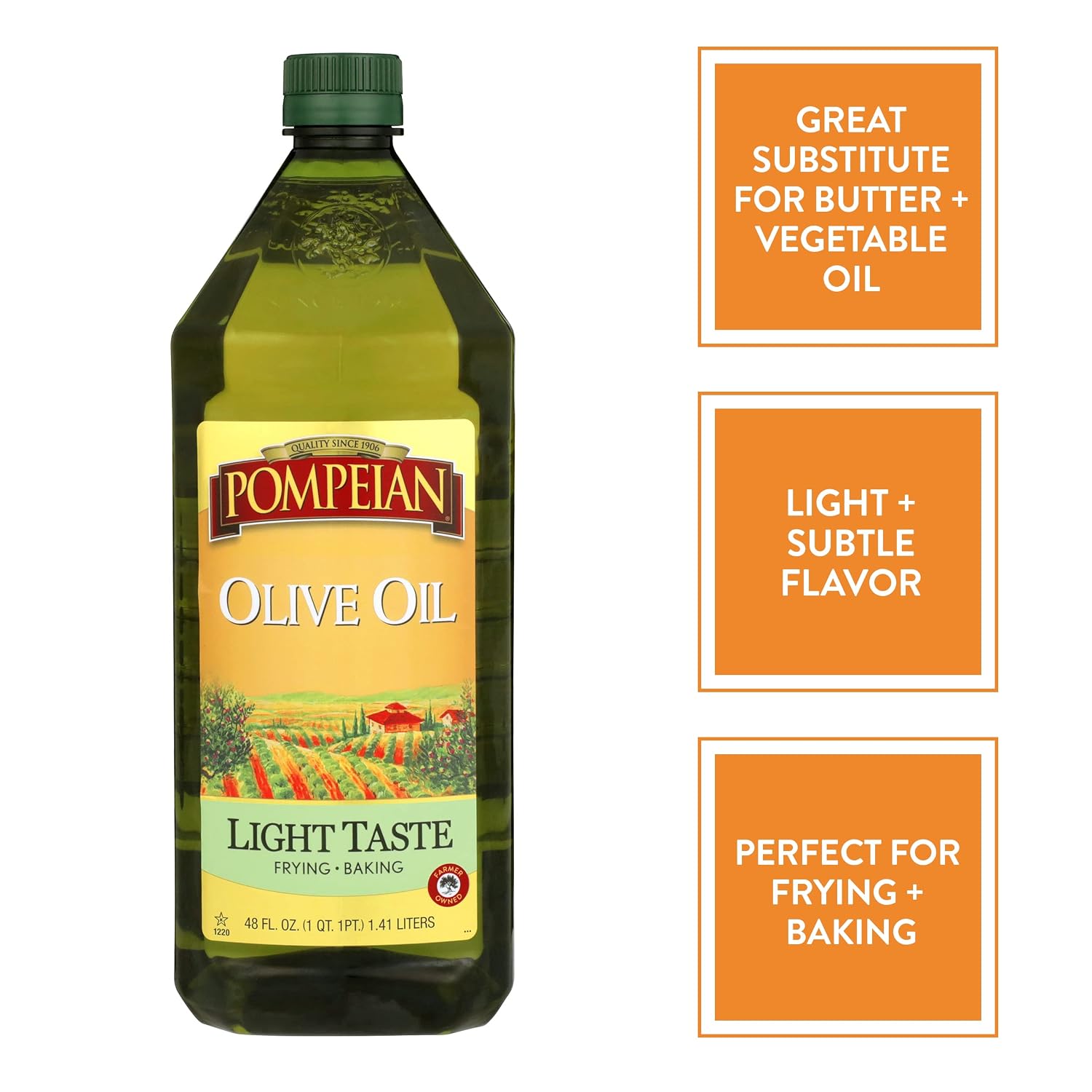 Pompeian Light Taste Olive Oil - 48 fl oz | Olive Oil for High Heat Cooking - Light Flavor for Baking and Sauteing - High Smoke Point
