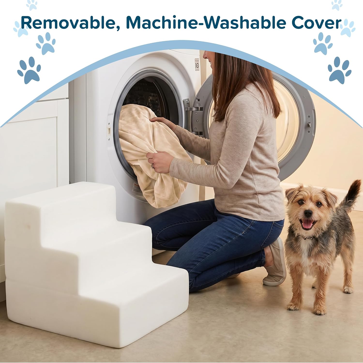 3-Step Pet Stairs - Nonslip Foam Dog and Cat Steps with Removable Zippered Microfiber Cover - 2-Tone Design for Home or Vehicle Use by PETMAKER (Tan) | 3-Step Pet Steps for High Bed and Couch - Pet Stairs with Nonslip Bottom, High-Density Foam, and Remov…