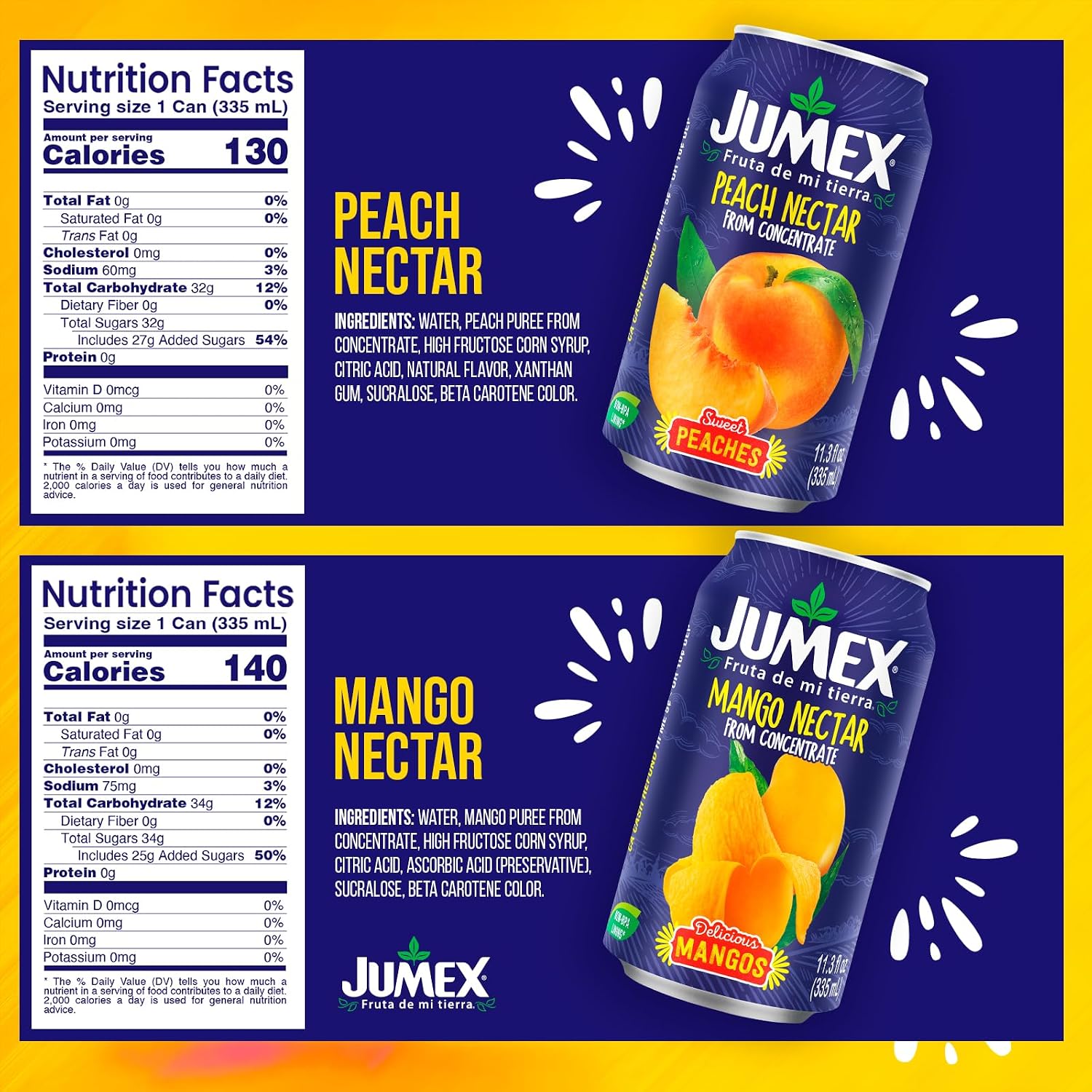 Jumex Mango Nectar Juice & Peach Nectar - Made with Fresh Fruit Puree - Tropical Fruit Juice Concentrate for Smoothie Mix, Cocktail Mixers & Kids Beverages - 11.3oz, 12 Pack Canned Drinks