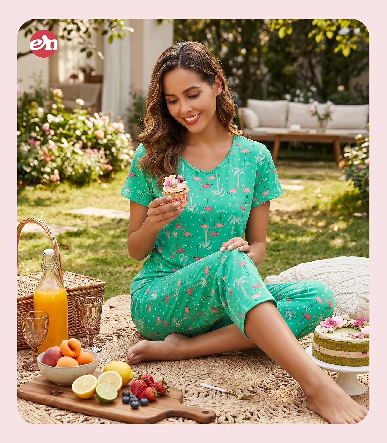 ENJOYNIGHT Womens Pajama Set Cotton Short Sleeve Top With Capri Pants Pj