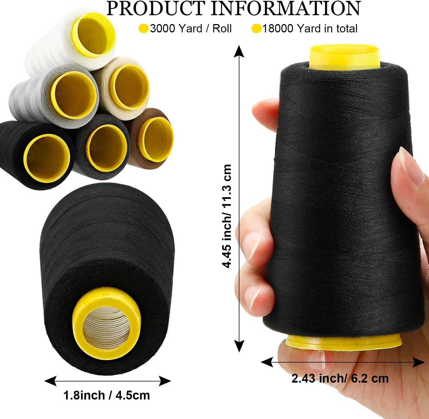 BBTO 6 Rolls 3000 Yard Each Serger Thread Polyester Cones Spool Thread for Sewing Serger Overlock Quilting Sewing Machine (Black, White, Beige, Grey