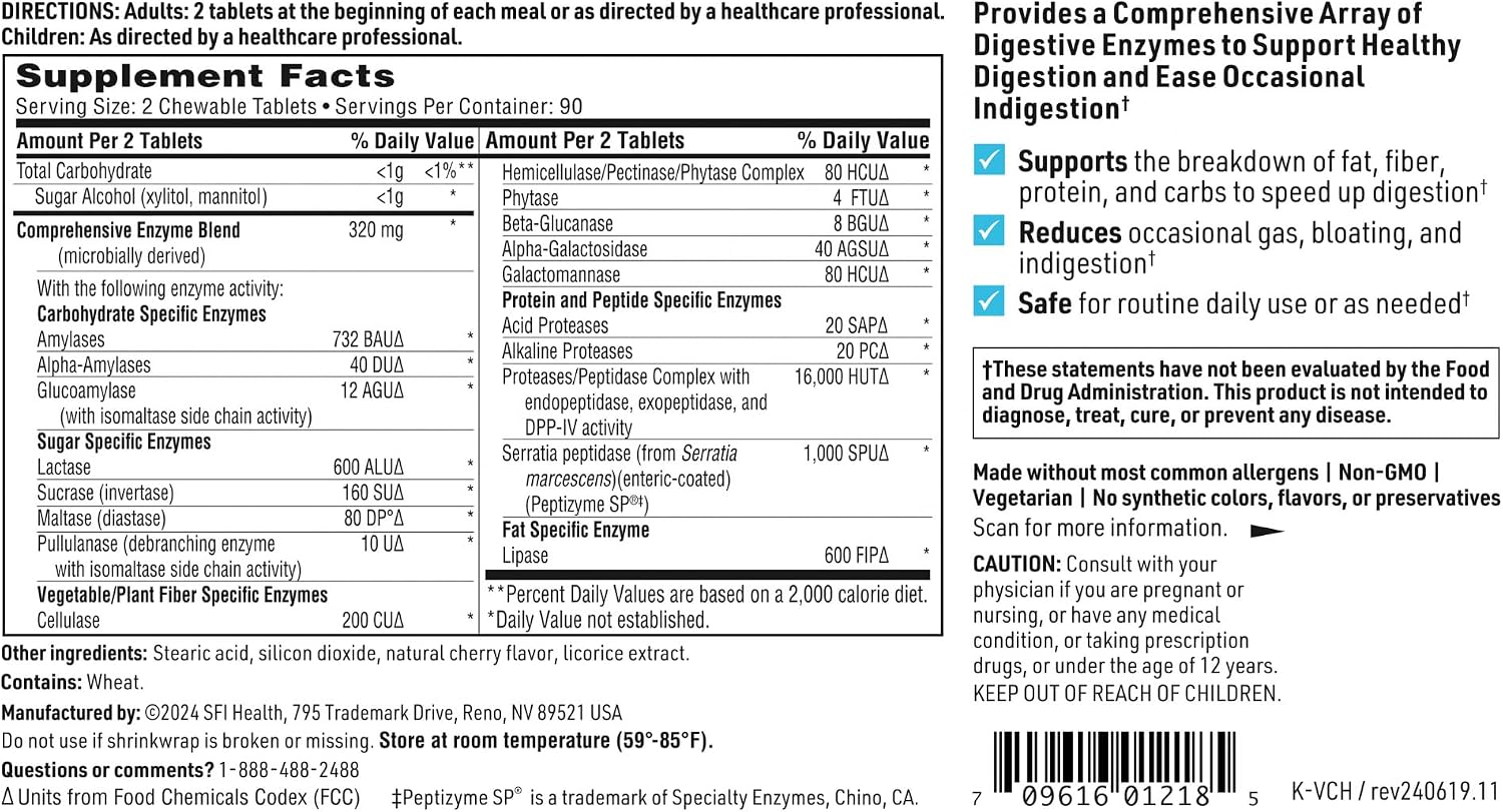 Klaire Labs SFI Health Vital-Zymes Chewable Digestive Enzymes for Adults & Kids - Enzymes for Digestion - Cherry-Flavored - May Help Reduce