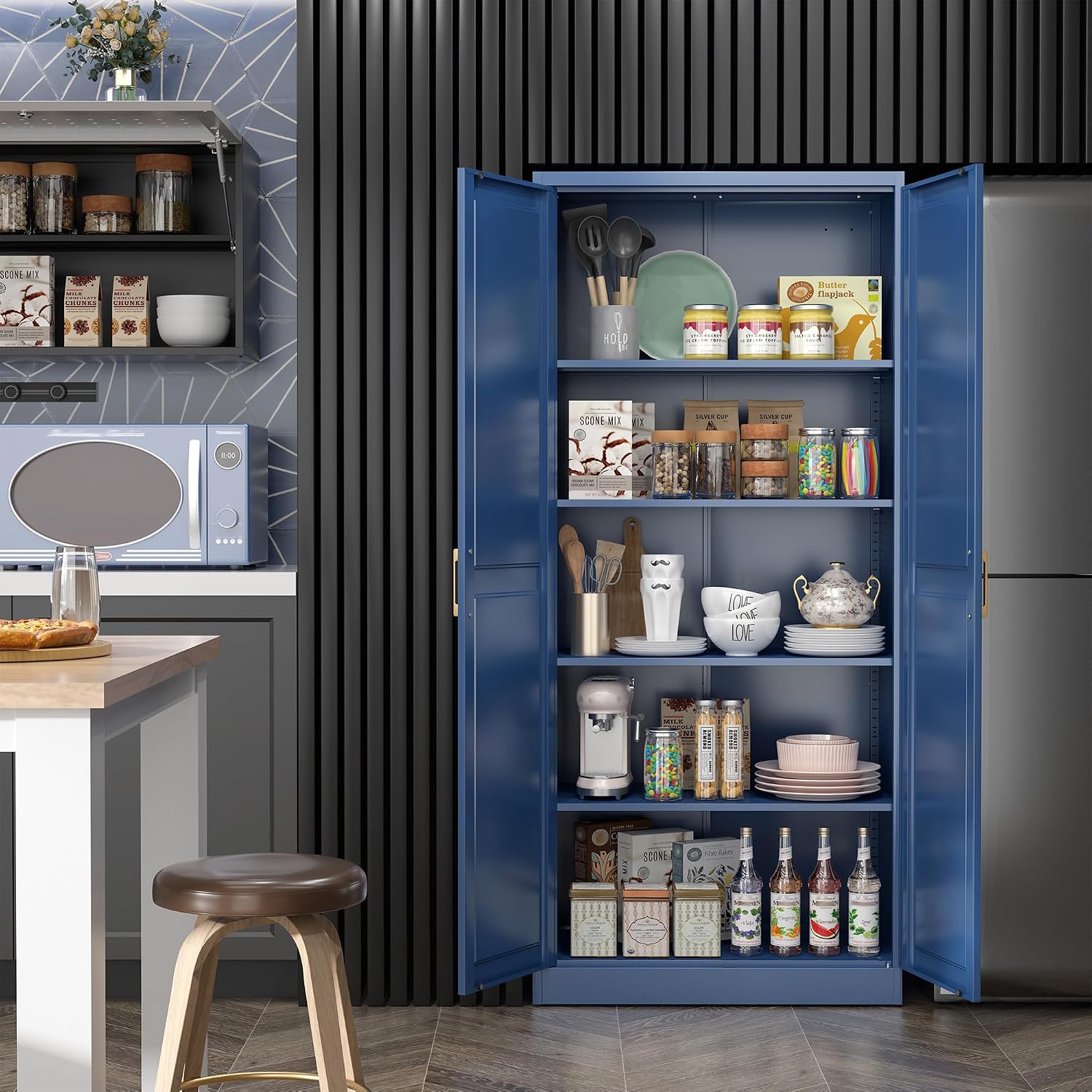 Steeloong 71"Metal Pantry Storage Cabinet with Doors & 4 Adjustable Shelves | Kitchen Pantry Cabinet,White Kitchen Cabinet with 2 Gold Handles,Tall Cabinet for Livingroom,Pantry, Bathroom,Kitchen