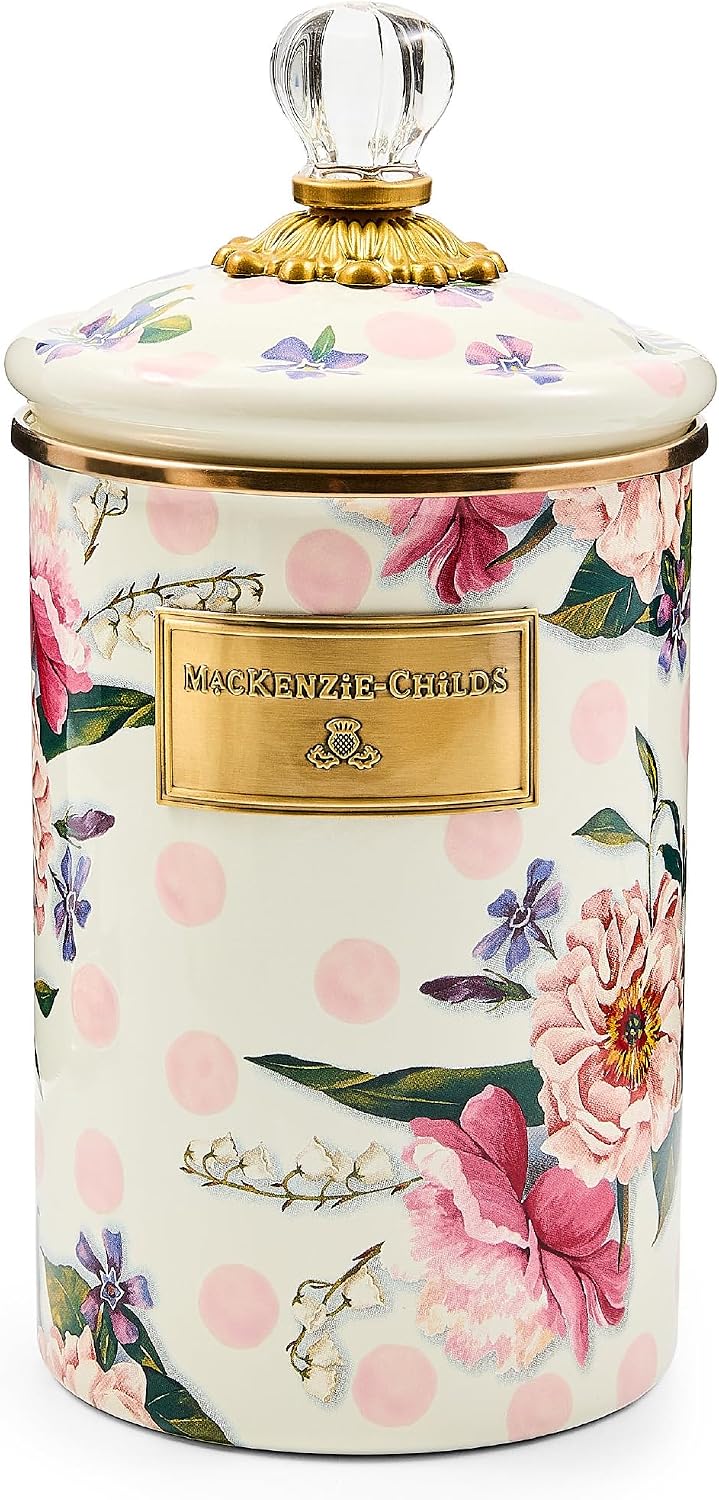 MACKENZIE-CHILDS Enamel Canister, Large, White Butterfly Garden | Hand-applied design, made from enameled steel, versatile kitchen storage container for flour and sugar, 64-ounce capacity