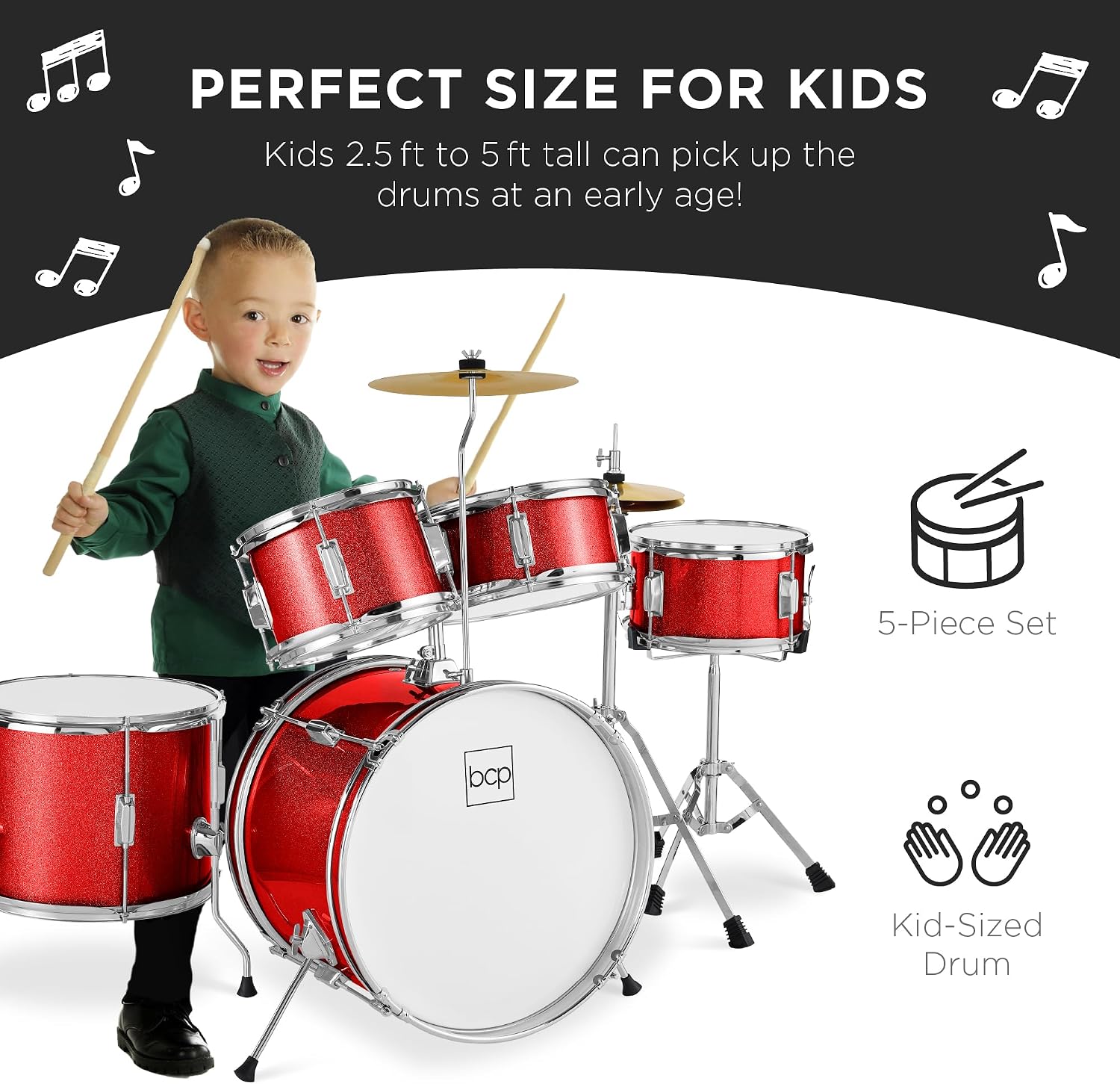 Best Choice Products Kids 5-Piece Beginner Drum Set Junior Kit, Starter Percussion w/Cymbals, Pedal, Drumsticks, Stool, Toms, Snare, Hi Hat - Black