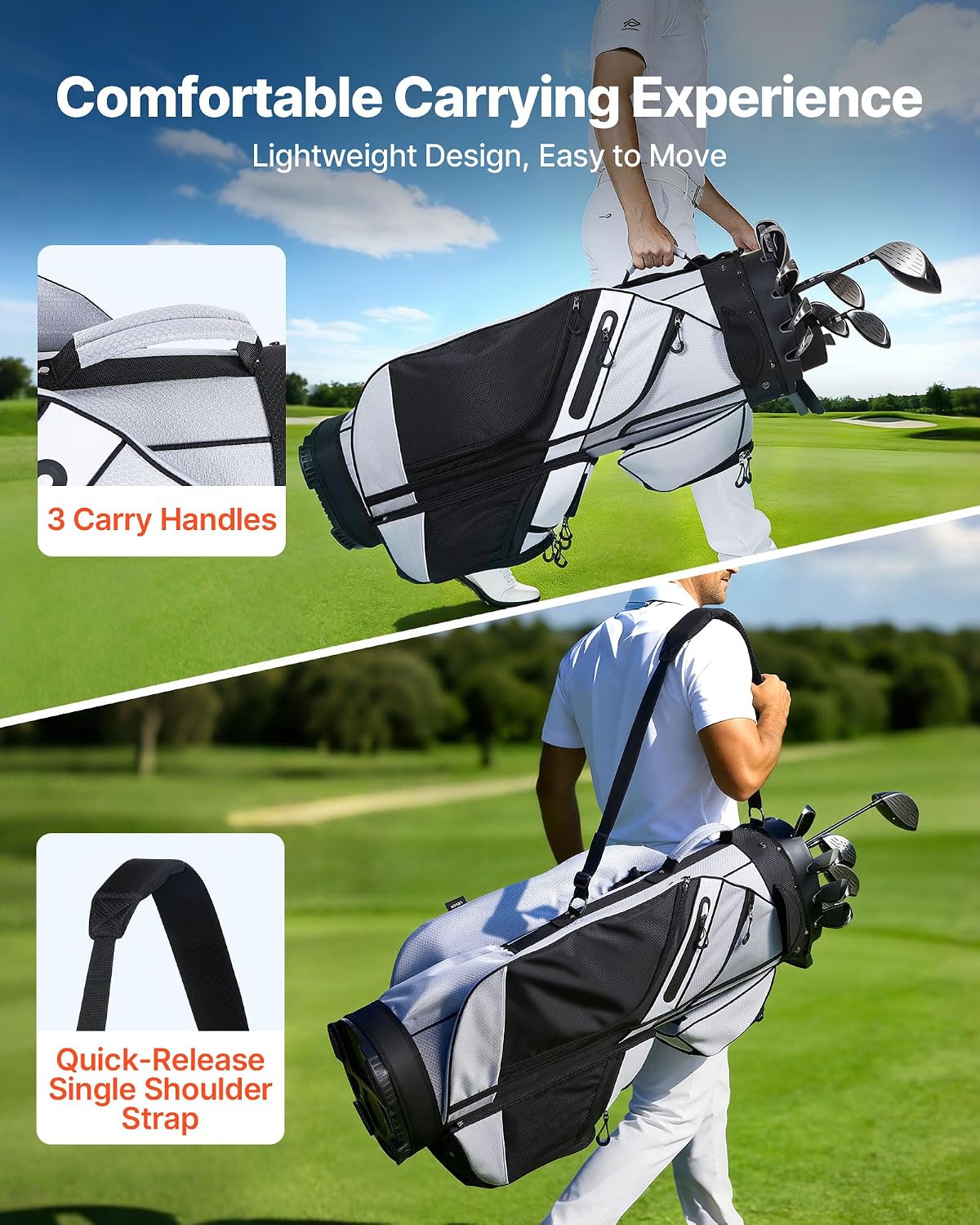 VEVOR Golf Cart Bag, 14 Way Molded Lock Top Divider Organizer, Golf Club Bag with Full-Length Divider, Handles, Storage Pockets, Shoulder Strap, Rain Hood, Smooth Zippers for Men & Women