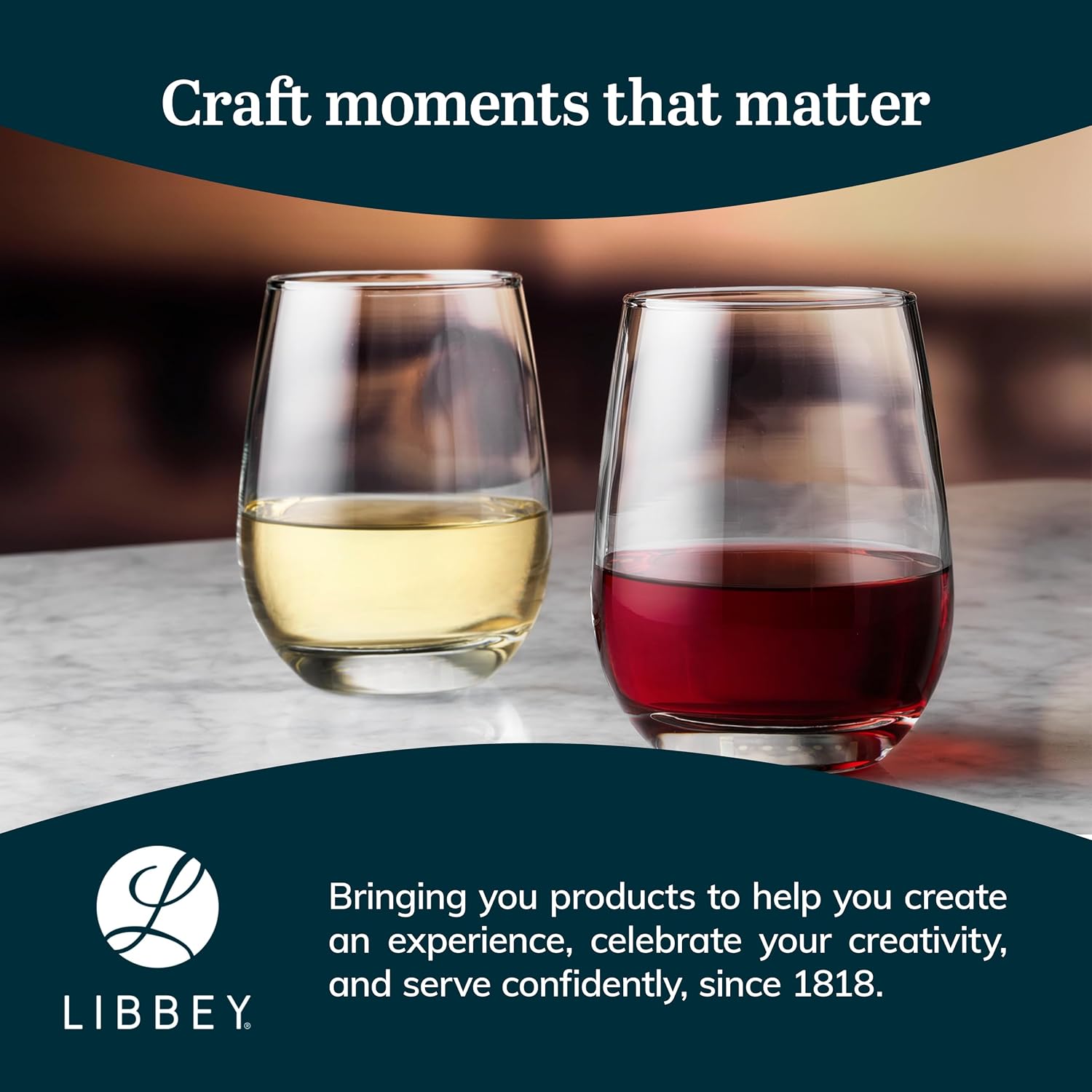 Libbey Classic Blue All-Purpose Stemless Wine Glasses Set 6, Timeless Wine Cups Set of 6, 15.25 Oz, Wine Glass Set for Dinners, Weeknights