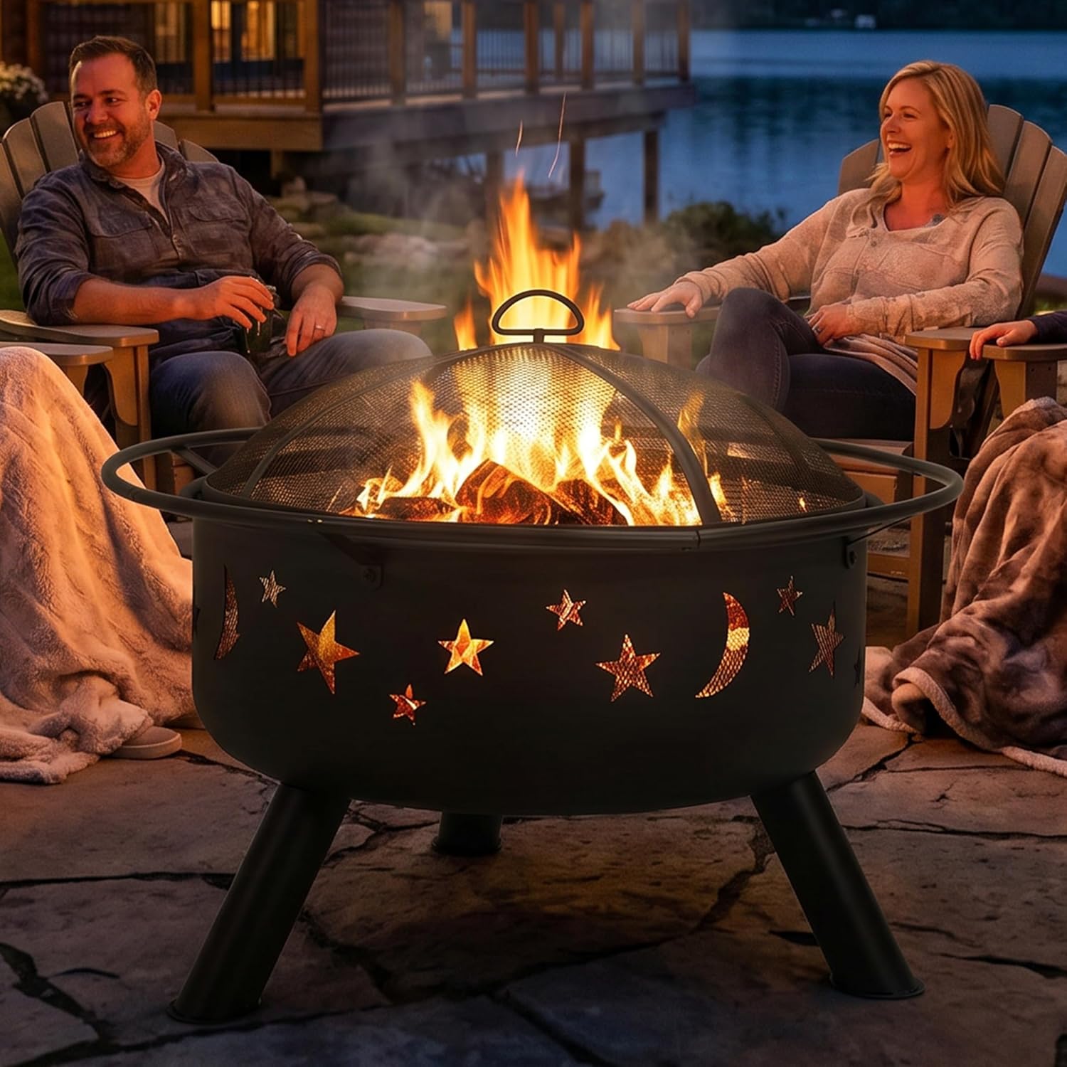 Sunnydaze Cosmic 30" Fire Pit with Cooking Grate for Outside, Wood Burning | Bronze, Heavy Duty Steel Metal, Includes Spark Screen & Poker, Round Outside Firepit for Patio, Deck, Backyard BBQ, Bonfire