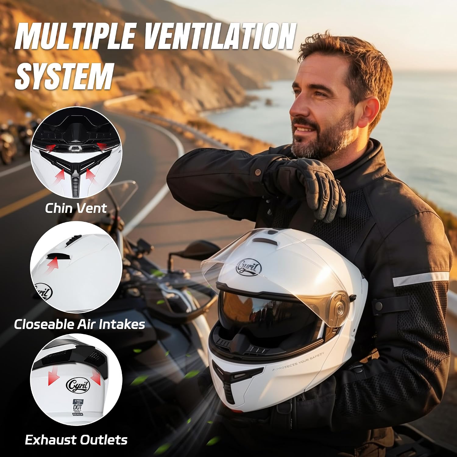 CYRIL Modular Motorcycle Helmet DOT Approved, Flip Up Full Face for Adults | Intercom ready, glasses friendly design with dual visors, extra smoke shield and carrying bag for street riding
