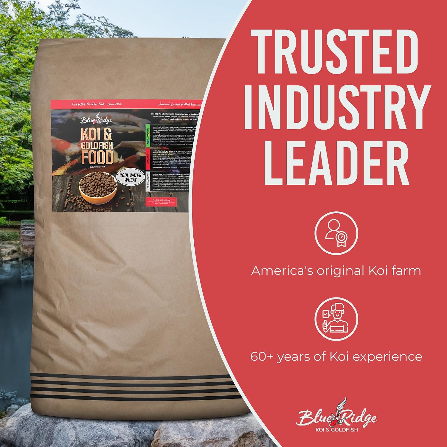 Blue Ridge Koi Fish Food 25lb - Cool Water Wheat 3/16", Fall and Winter Floating Pond Pellets, Ponds Fish Food