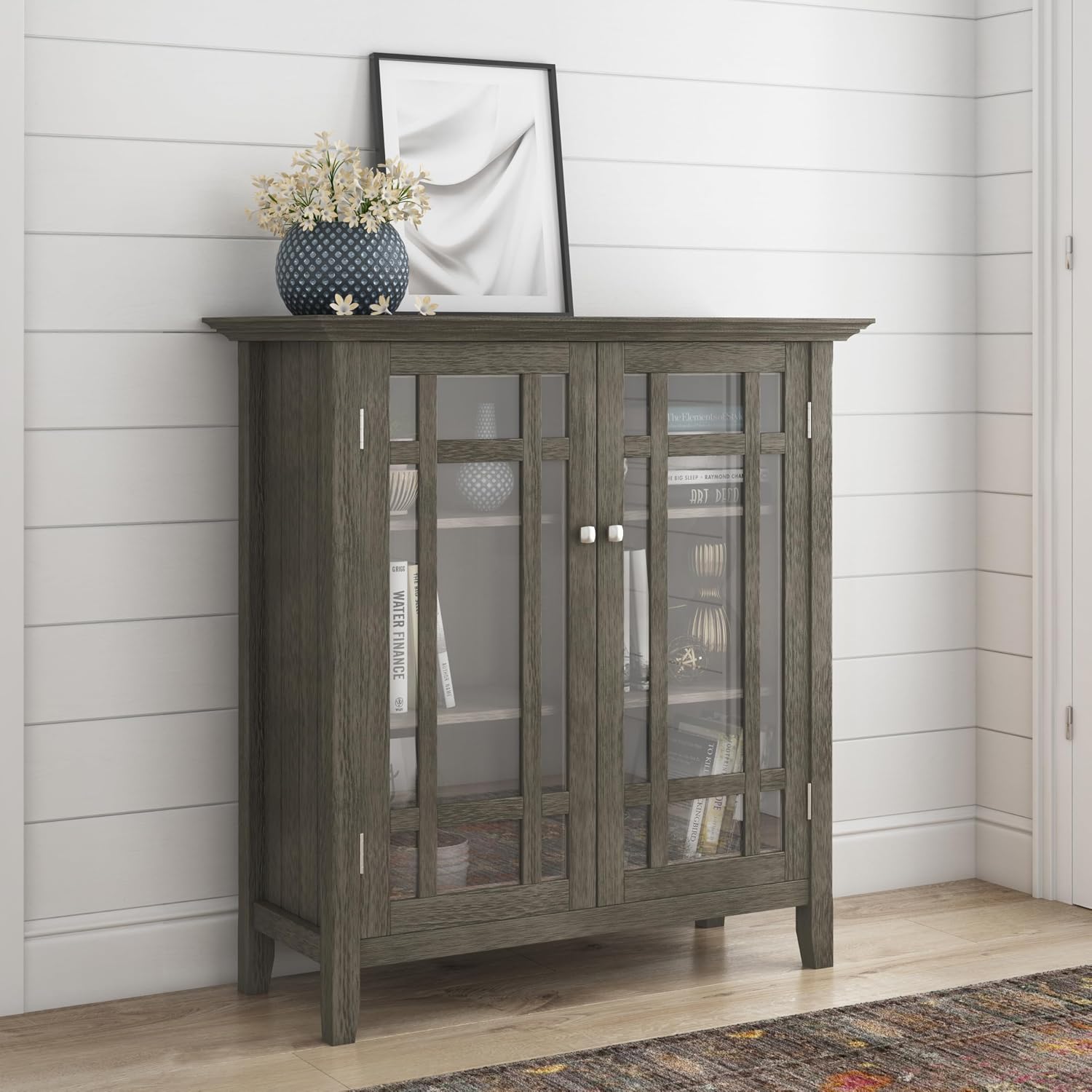 SIMPLIHOME Bedford 62" Wide Solid Wood Sideboard in Brunette Brown | Transitional low media console with glass doors and storage shelves for the living room, entryway or dining room.