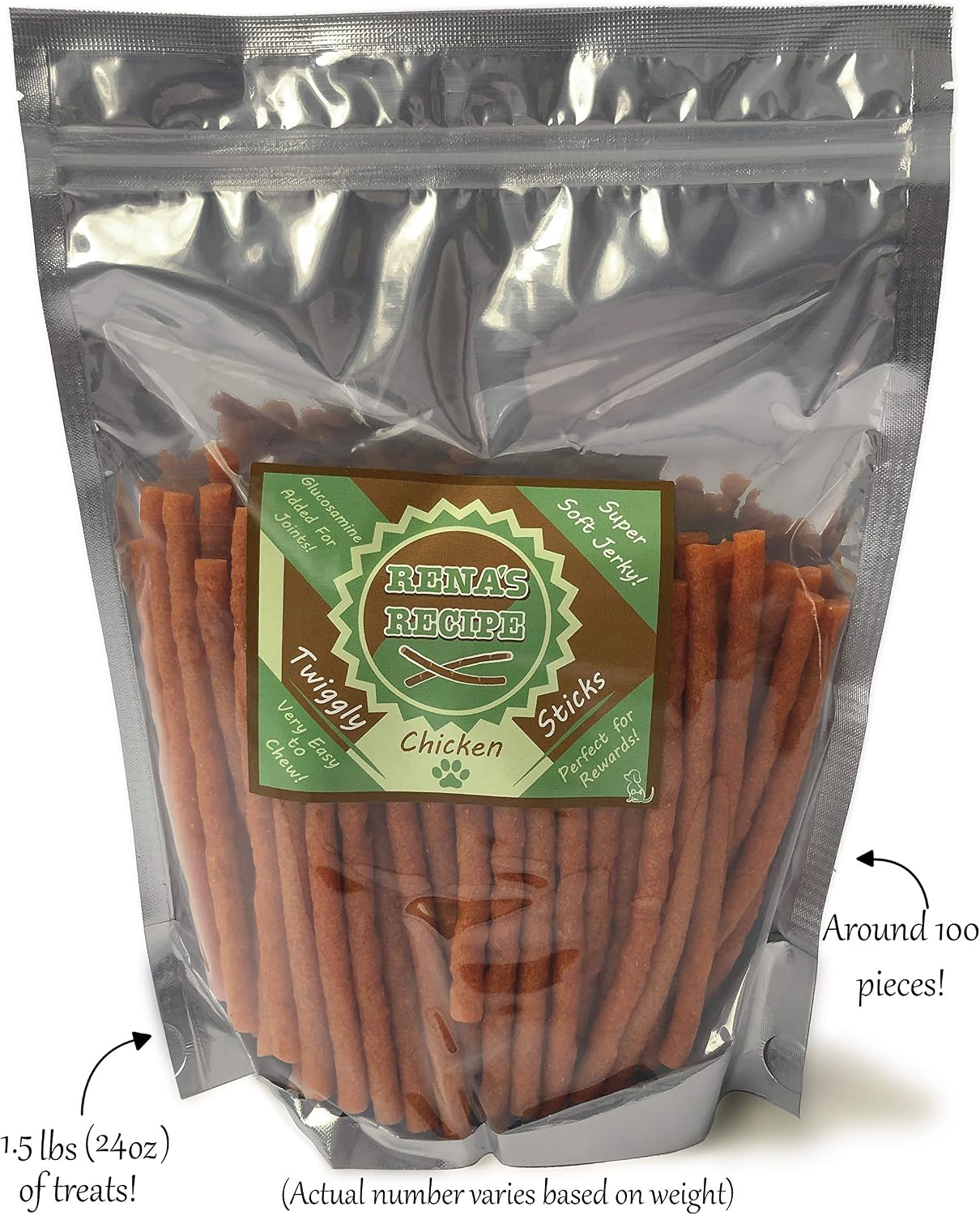 Rena's Recipe Twiggly Chicken Sticks Dog Treats, 24 oz, Approx. 100 Pieces | Rawhide-Free Soft Chicken Jerky Sticks with Glucosamine
