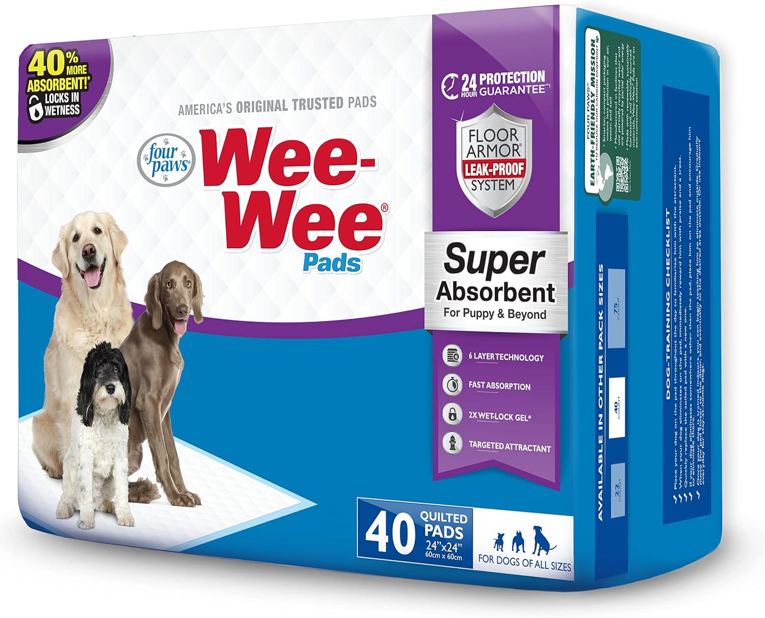 Four Paws Wee-Wee Super Absorbent Pads for Dogs, 22 Count | Leak-proof puppy pads, locks in wetness, dog housebreaking & potty training, all day floor protection, 24" x 24"