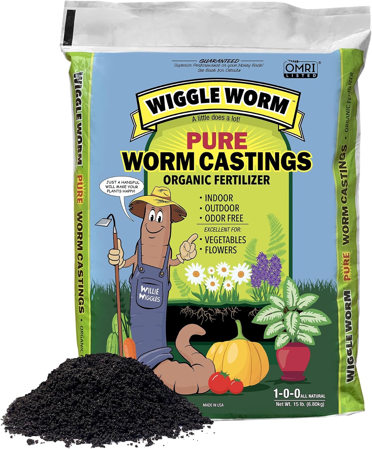 Wiggle Worm 100% Pure Organic Worm Casting Fertilizer, 15lb | Mineral-Dense Formula Improves Soil Fertility