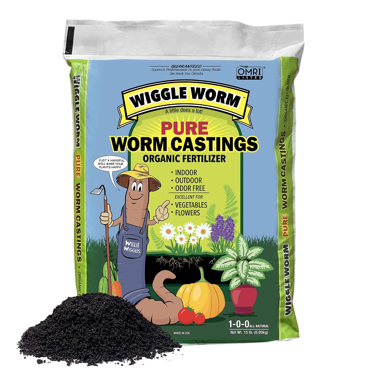 Wiggle Worm 100% Pure Organic Worm Casting Fertilizer, 15lb | Mineral-Dense Formula Improves Soil Fertility, Aeration & Healthy Root Growth for Houseplants & Vegetables