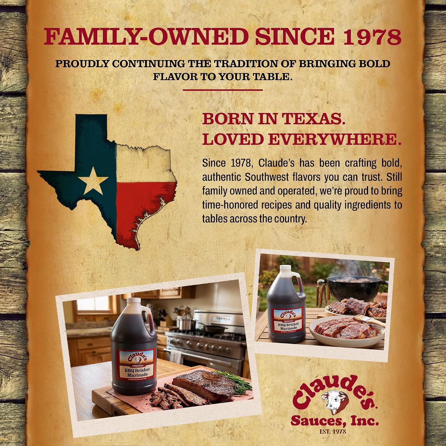Claude's BBQ Brisket Marinade Sauce, Gluten Free Texas Style, 128 oz | Restaurant-size gallon of smoky Texas tenderizing brisket marinade - all natural & gluten free.