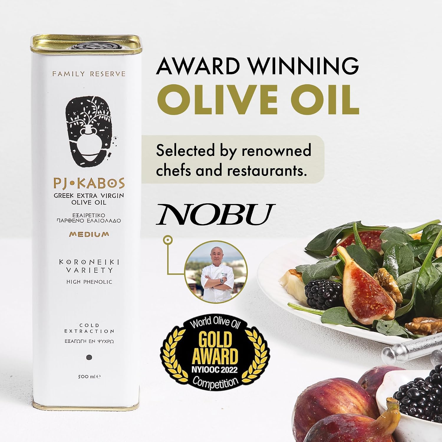 P.J. KABOS Fresh 2025/26 Harvest, High Phenolic (400+mg/kg), Natural Greek Extra Virgin Olive Oil, Kosher, Greece, Cold Extracted, 16.9 oz Tin, Koroneiki, "Family Reserve -Medium"