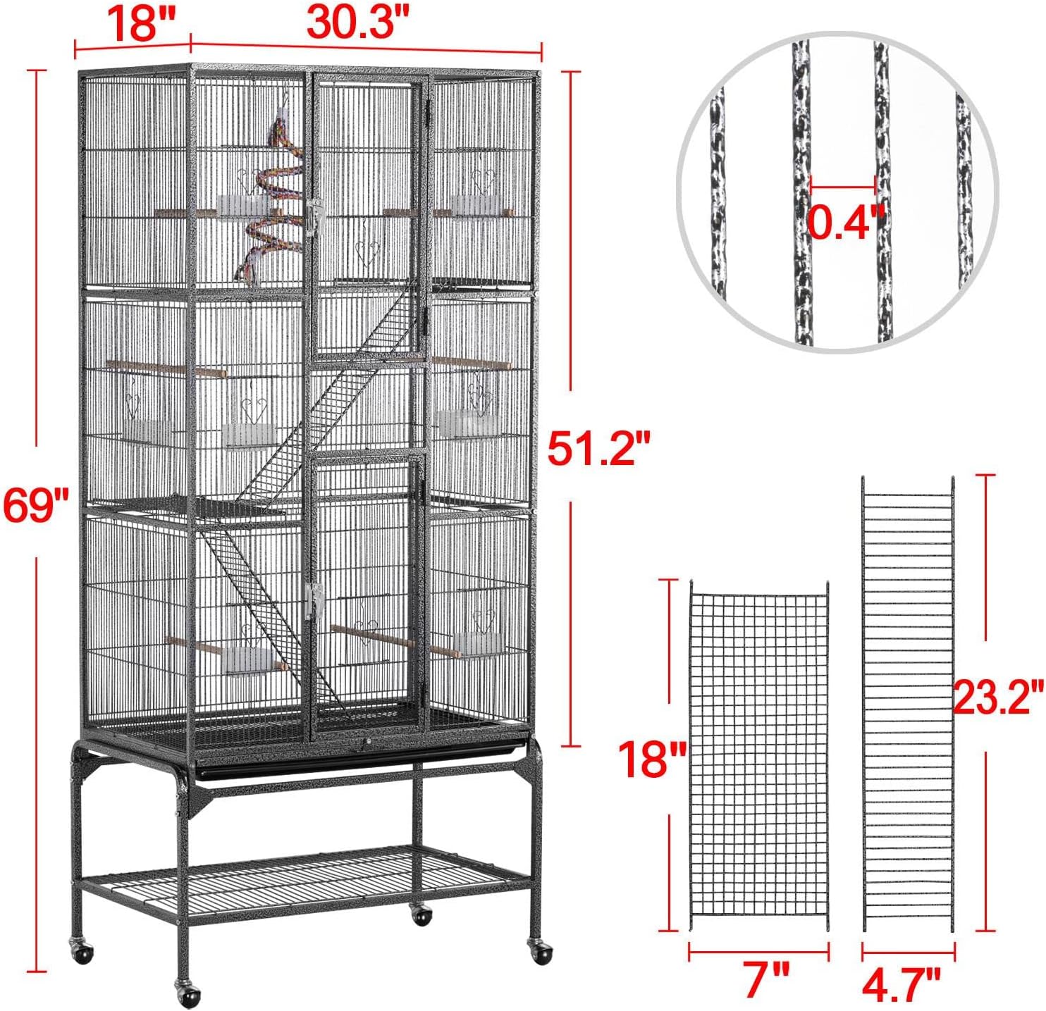 Yaheetech 69" Large Bird Cage for Parakeets, Budgies, 3-Tier Flight Cage | Detachable Rolling Stand, Easy Cleaning Slide-out Tray, Multi-door Access, 0.4'' Bar Spacing, Free Accessories