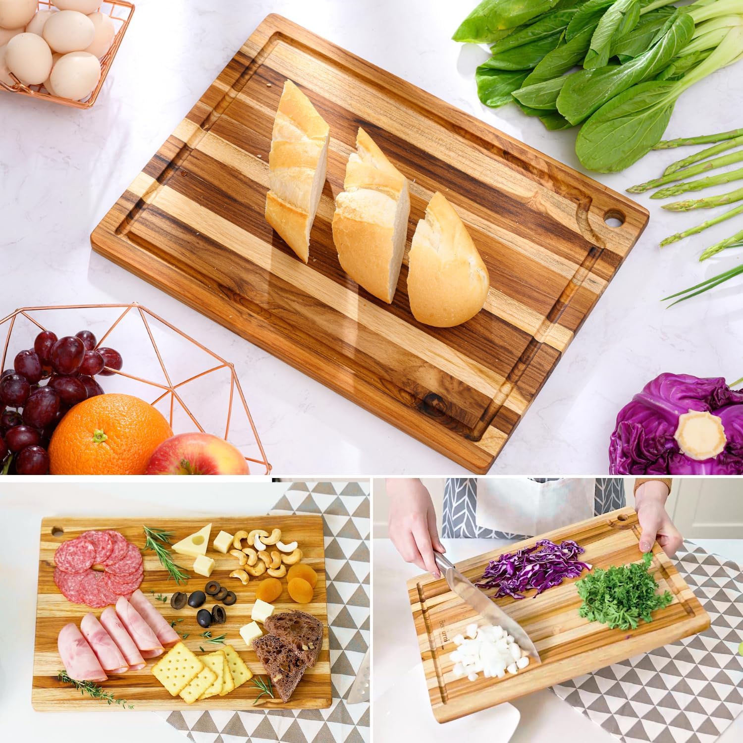 BEEFURNI Teak Wood Cutting Board with Hand Grip (20x15x1.25", M)