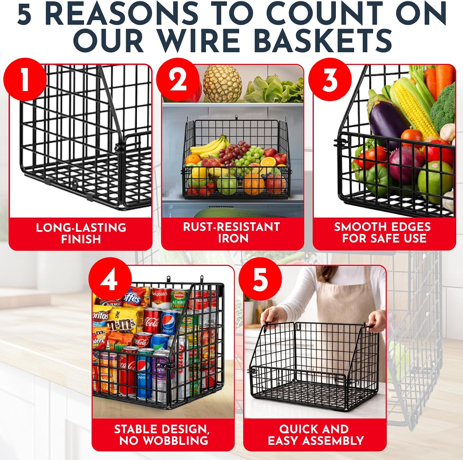 3x Stackable Hanging and Counter Baskets, Hanging Fruit Baskets for Kitchen