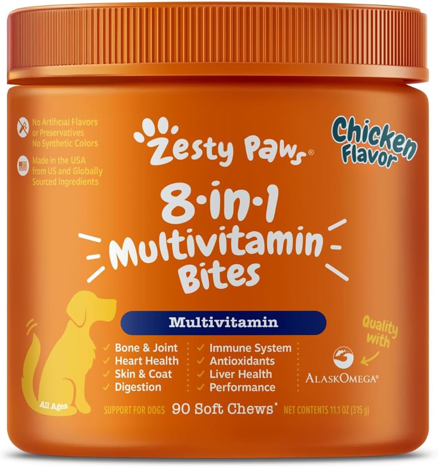 Zesty Paws Dog Multivitamin, Chewable Dog Vitamins and Supplements for Hip & Joints, Skin & Coat, Omega 3 Fish Oil for Dogs- Senior & Puppy Multivitamin- Chicken- 90ct