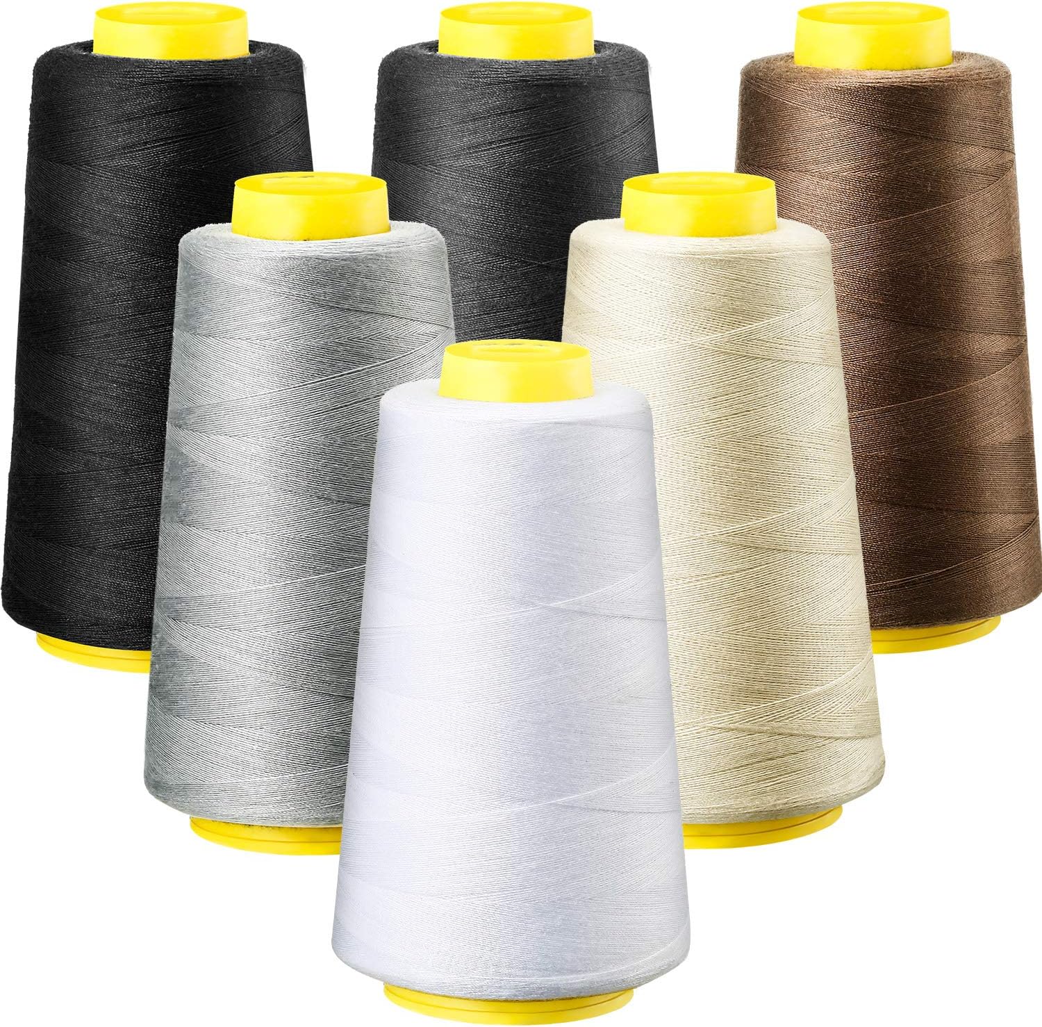 BBTO 6 Rolls 3000 Yard Each Serger Thread Polyester Cones Spool Thread for Sewing Serger Overlock Quilting Sewing Machine (Black, White, Beige, Grey