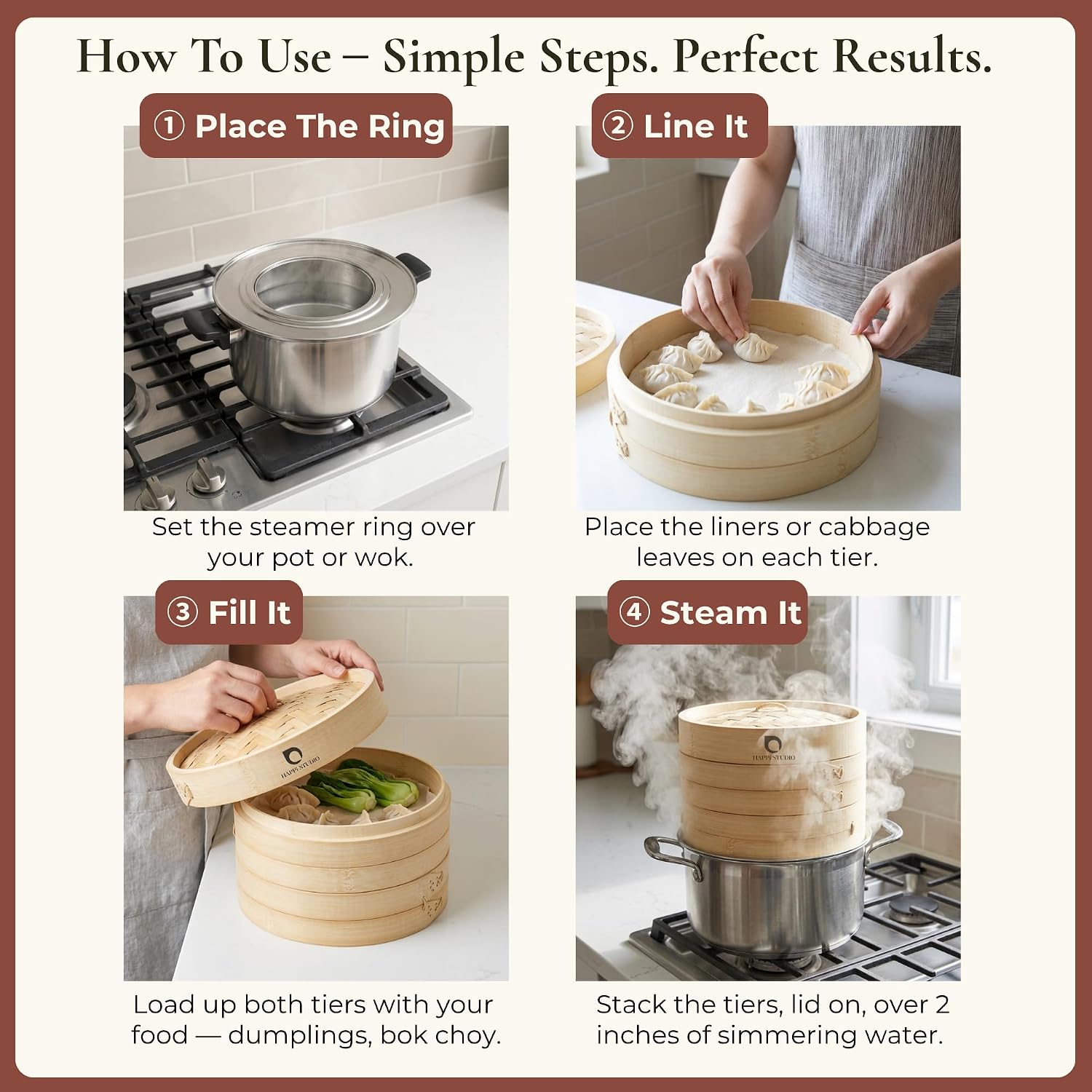 HAPPI STUDIO Bamboo Steamer Basket 10 Inch, Extra Deep Dumpling Steamer Set