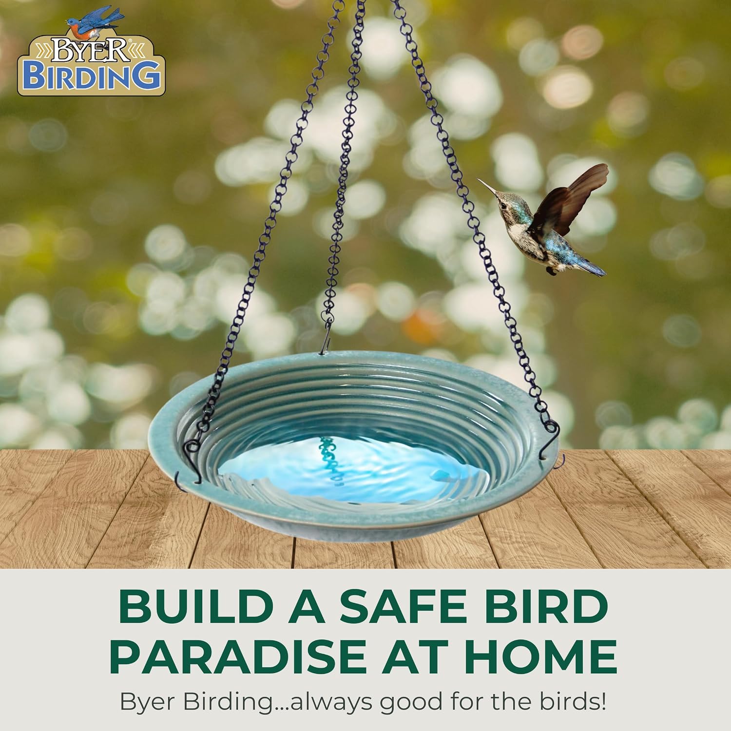 BYER OF MAINE Circles Hanging Bird Bath, Porcelain, Glaze Finish, Adjustable Chain, Sandy Granite, 14”x14”x34” adj