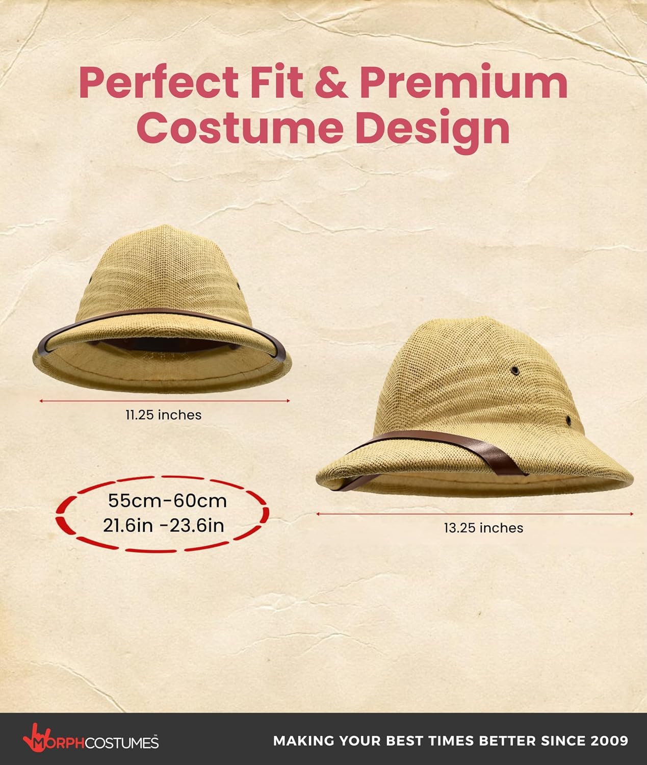 Morph Adult Safari British Pith Helmet - Sturdy, Adjustable Hat for Sun Protection - Ideal for Hiking, Gardening, Outdoor Adventures