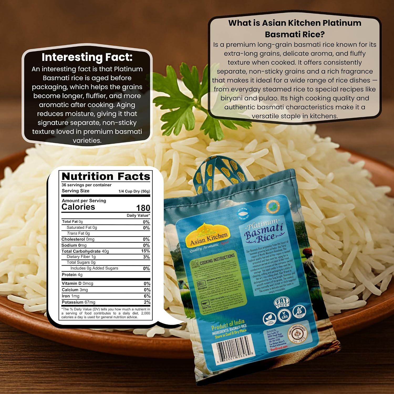 Asian Kitchen Platinum White Basmati Rice Extra Long Aged 20lbs (9.08kg) ~ All Natural | Gluten Friendly | Vegan | Indian Origin | Export Quality