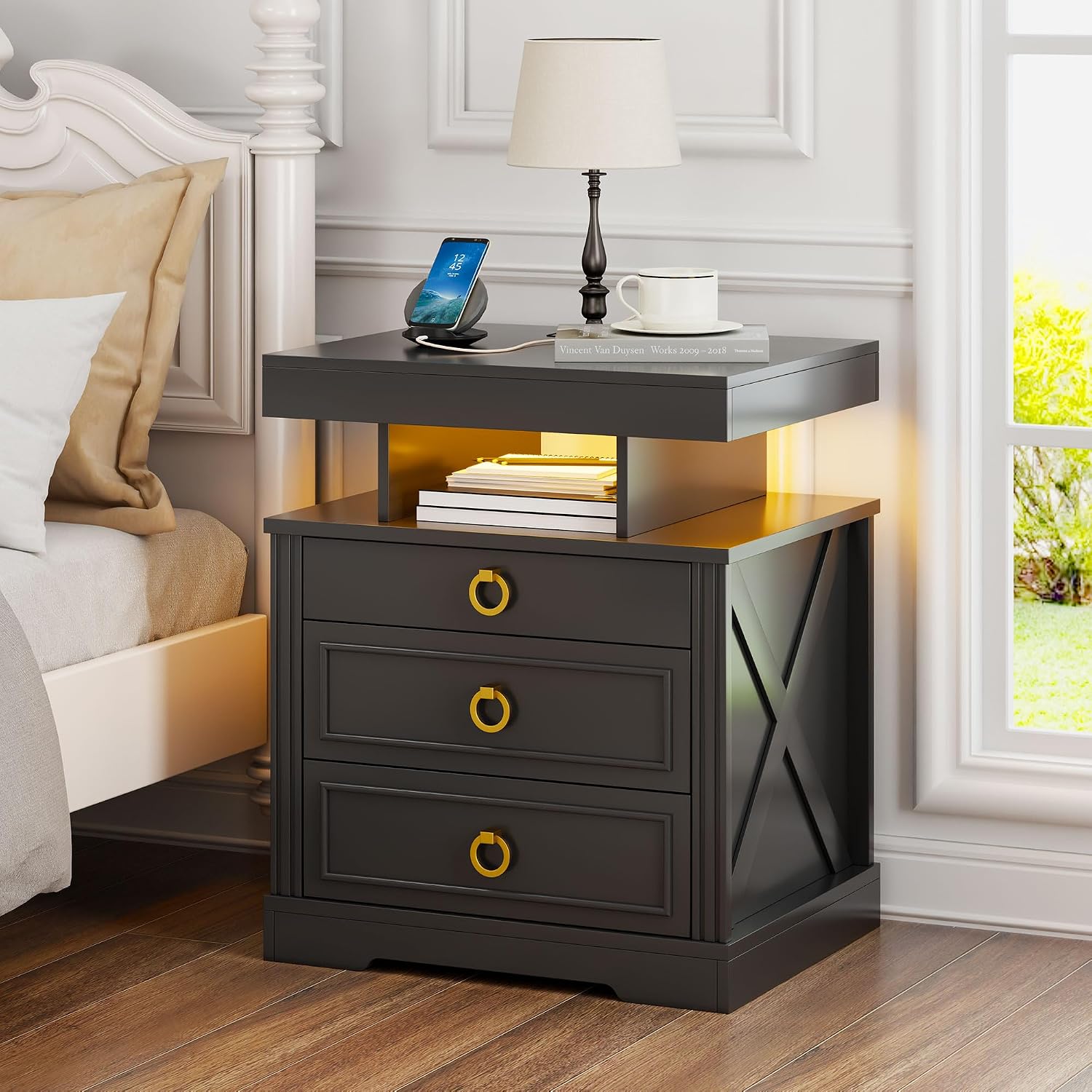 Lockable Night Stand with Gun Drawer,Charging Station,LED Lights,White | LED Nightstand with Charging Station,Farmhouse Bedside Table with 3-Color Light,End Table with 3 Drawers,Bedroom