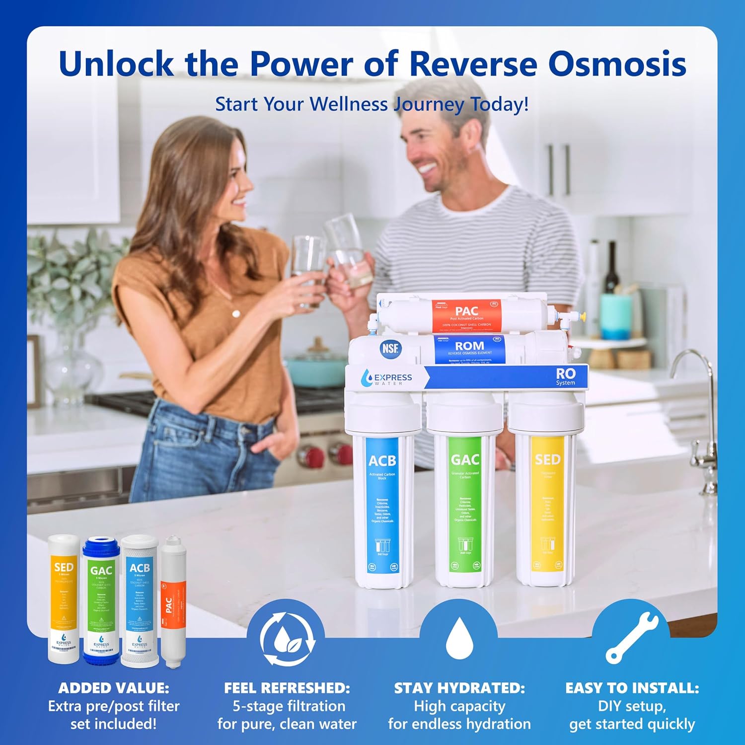 Express Water ROALK5D, 10-Stage Under Sink RO System, Alkaline, 50 GPD | NSF Certified 372, Deluxe Chrome Facuet, Reduces 99% of Impurities, BPA Free, Leak Detection