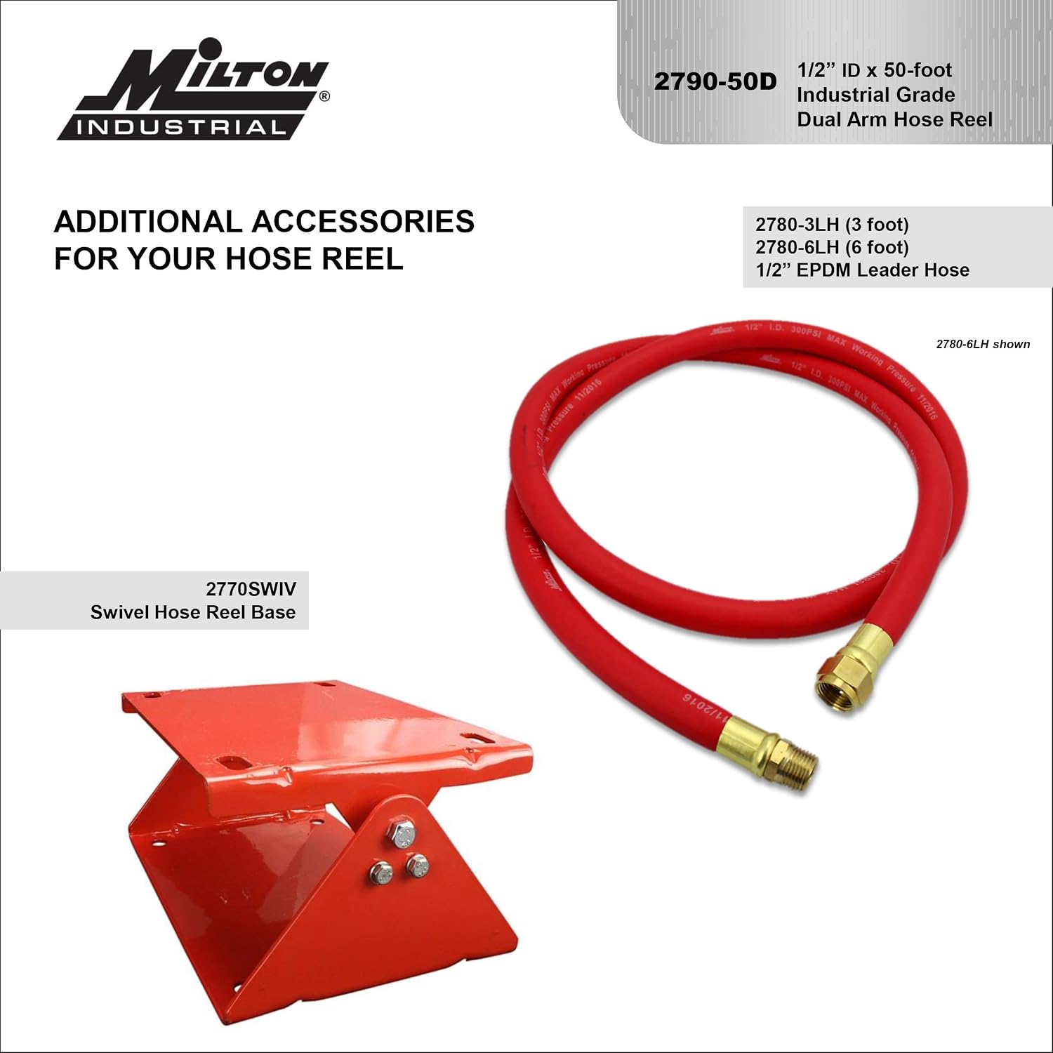 MILTON Industrial Hose Reel 2790-50D, Auto Retractable, Chemical Resistant, Prevent Cracking, Flexible in Extreme Conditions, 1/2” Hose ID